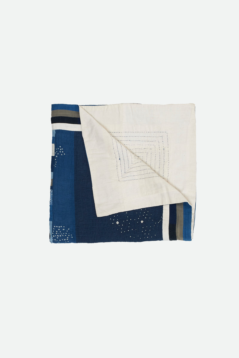 HAND EMBROIDERED PATCHWORK QUILT IN SHADES OF INDIGO