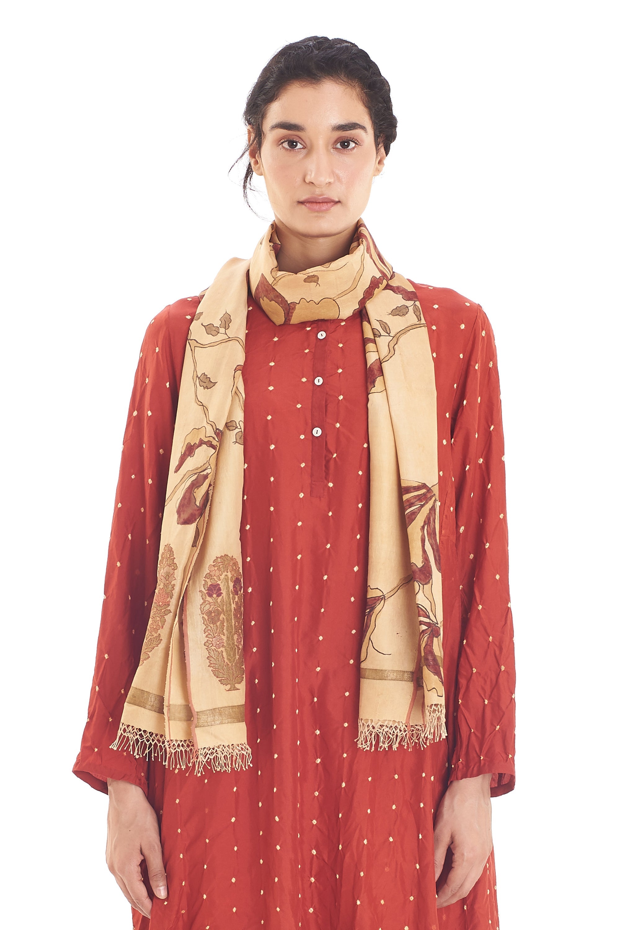 WHISKEY GOLD SILK WITH BANDHANI AND KALAMKARI SCARF