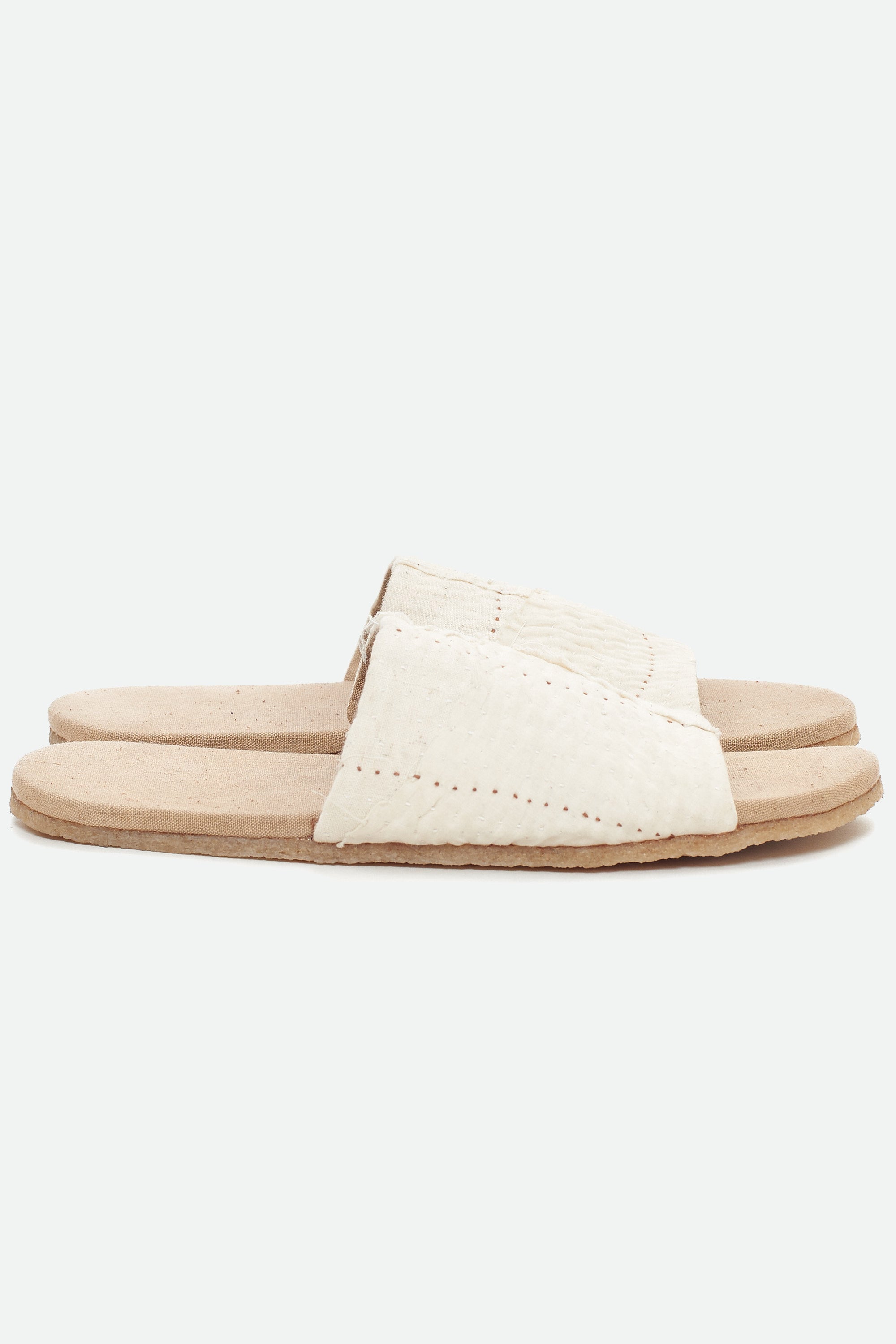 ECRU HAND-CRAFTED PAIR OF PATCHWORK SLIDES