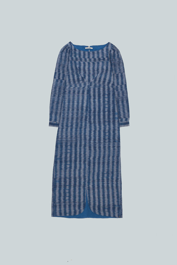 Deep Indigo Striped Ikat Statement Elegant Dress