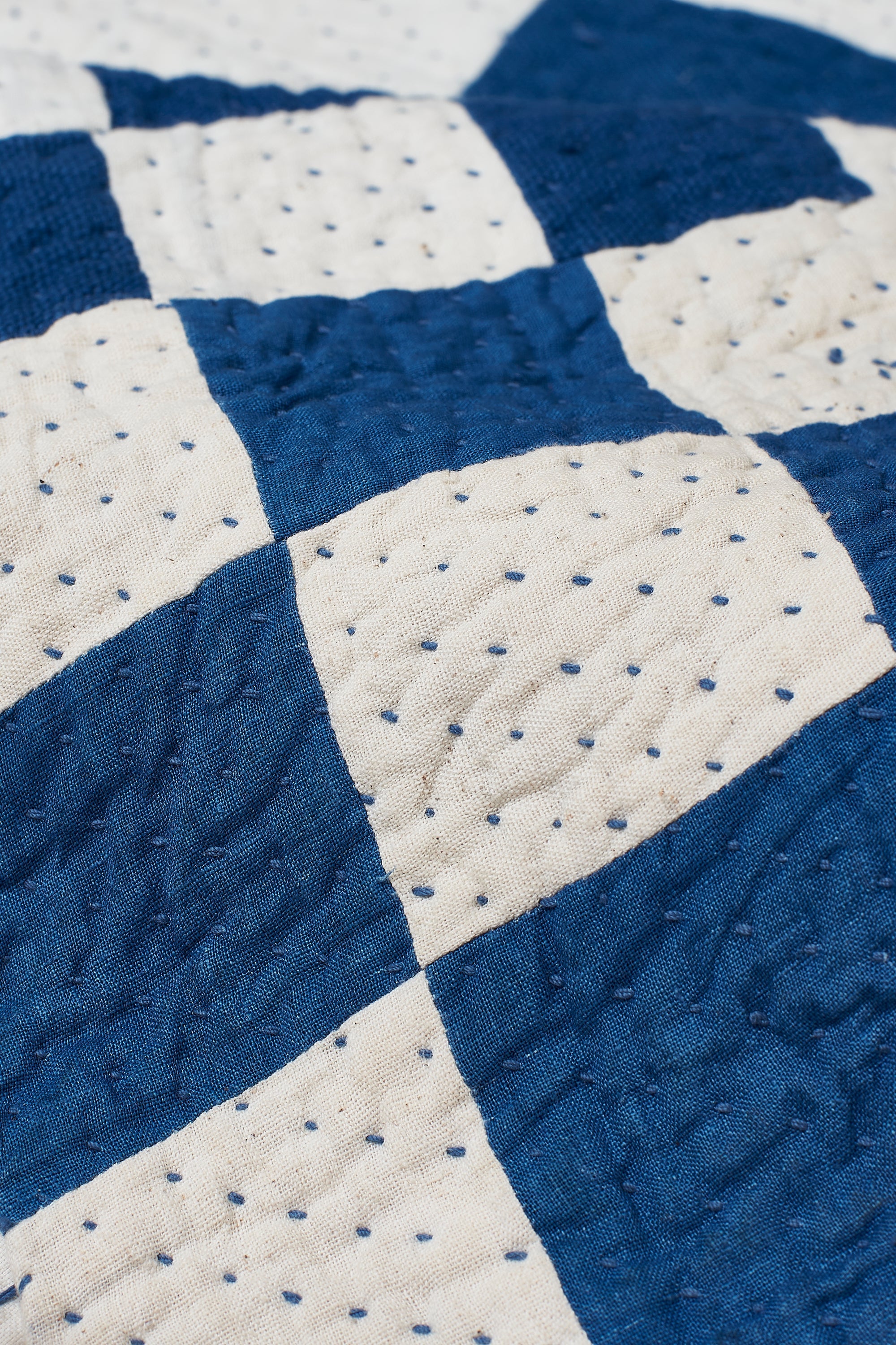 Chequered Patchwork Quilt in Shades Of Ecru and Indigo