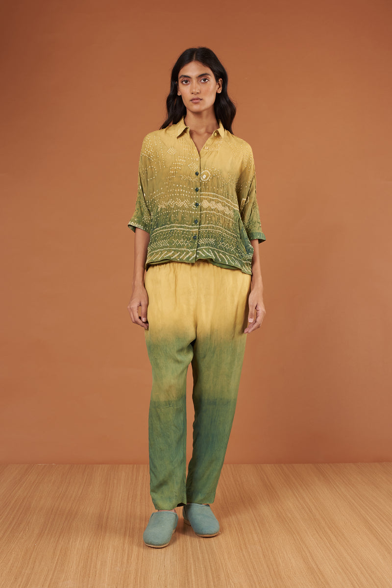 Multi Coloured Dip Dyed Textured Bandhani Silk Shirt