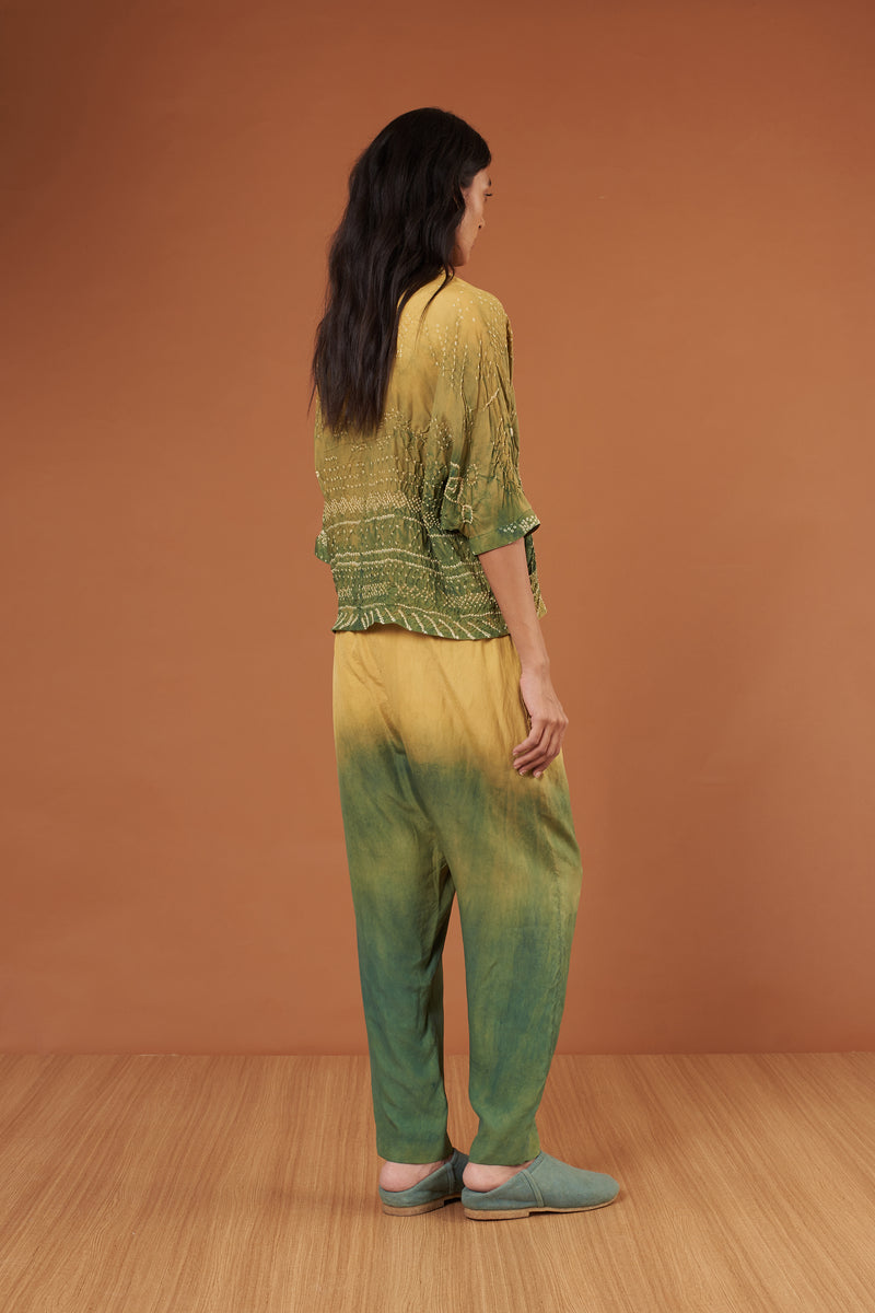 Multi Coloured Dip Dyed Textured Bandhani Silk Shirt