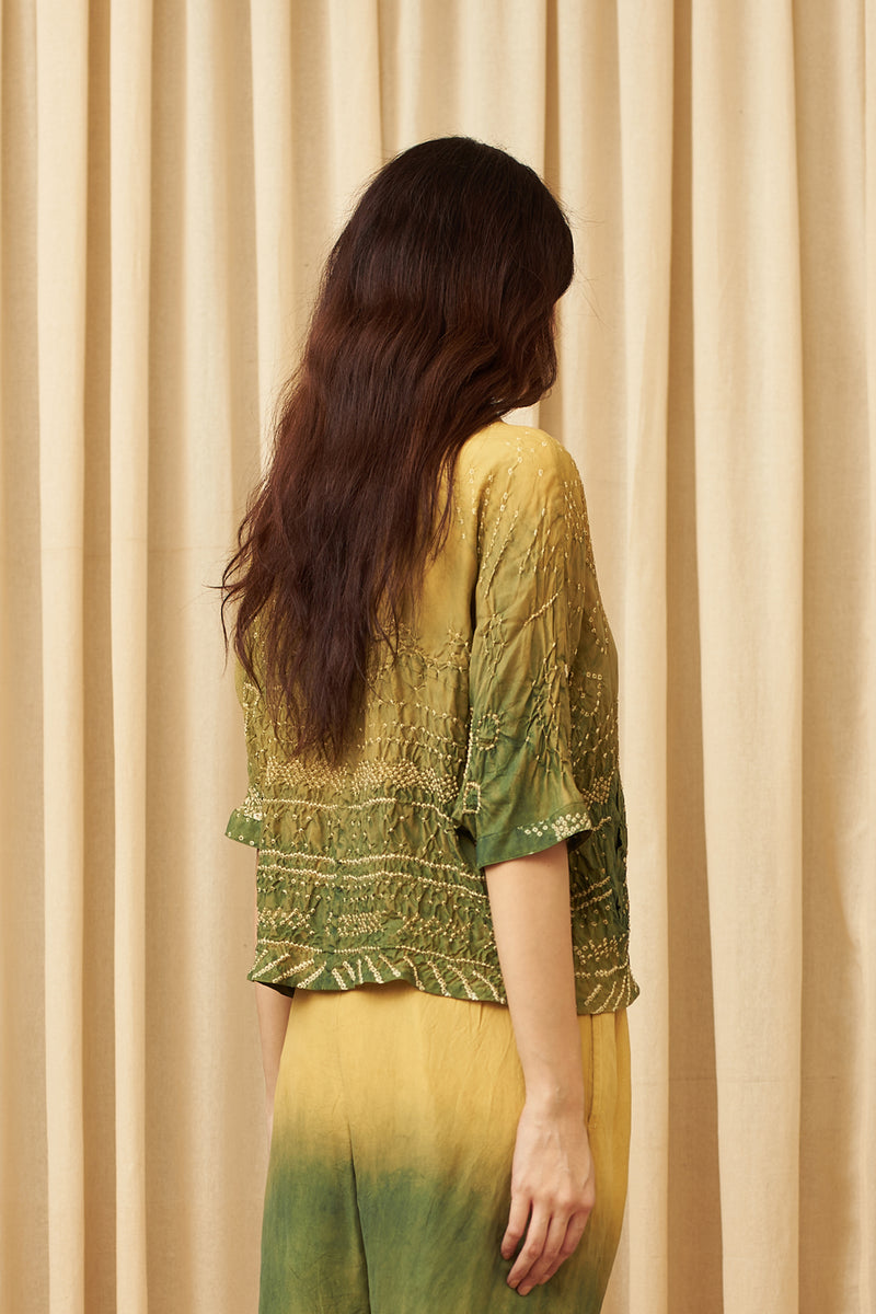 Multi Colour Dip Dyed Textured Bandhani Silk Shirt