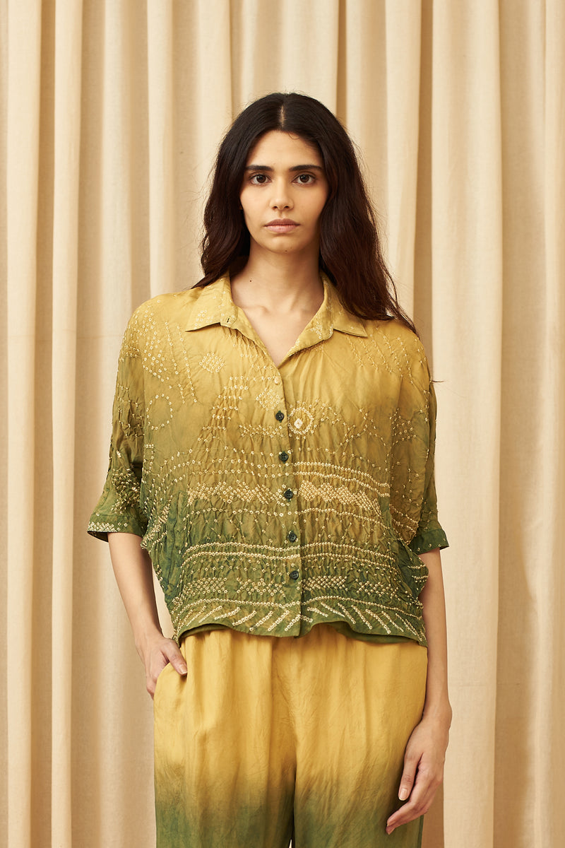 Multi Colour Dip Dyed Textured Bandhani Silk Shirt