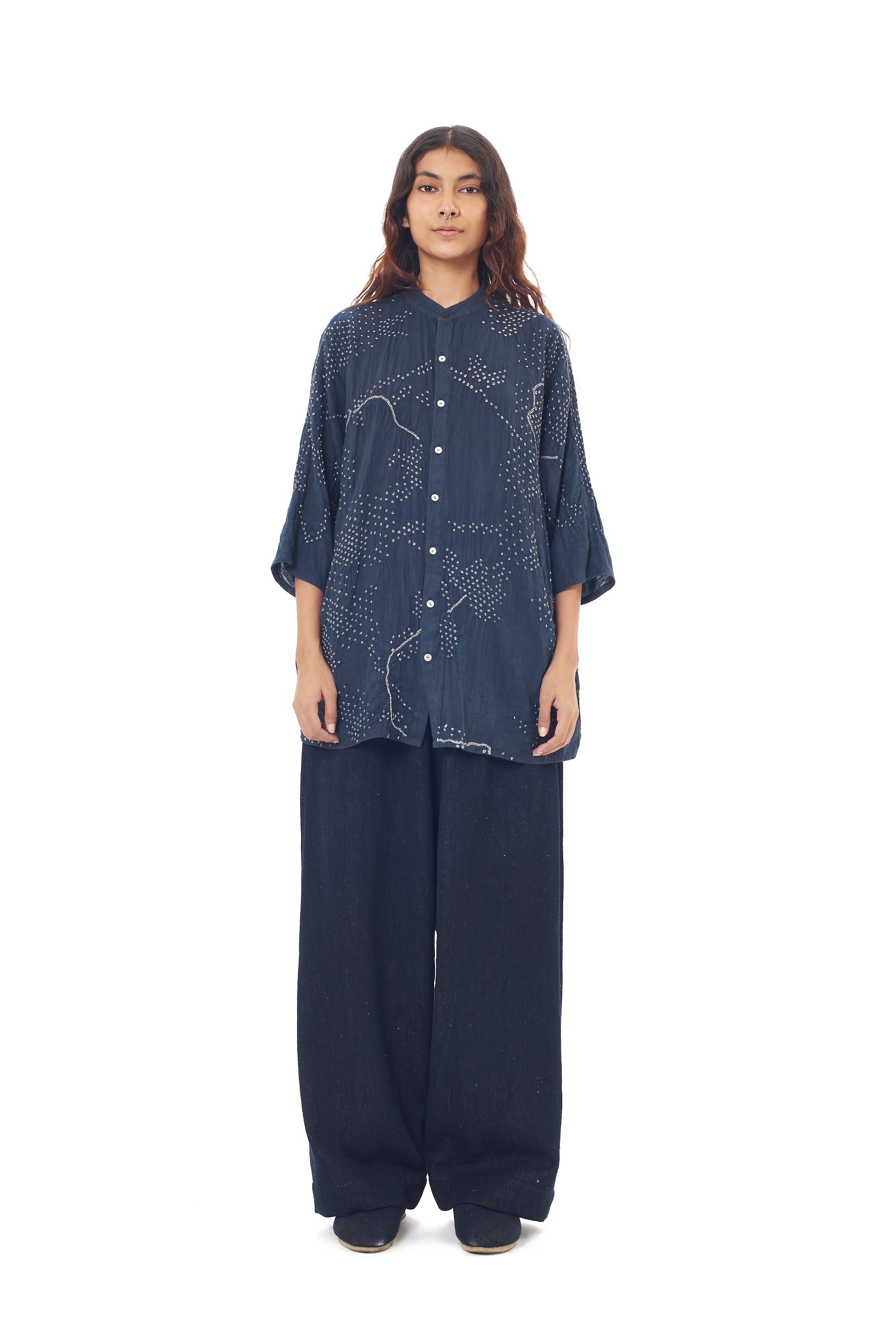 MIDNIGHT INDIGO PLEATED TROUSER CRAFTED WITH SHIBORI