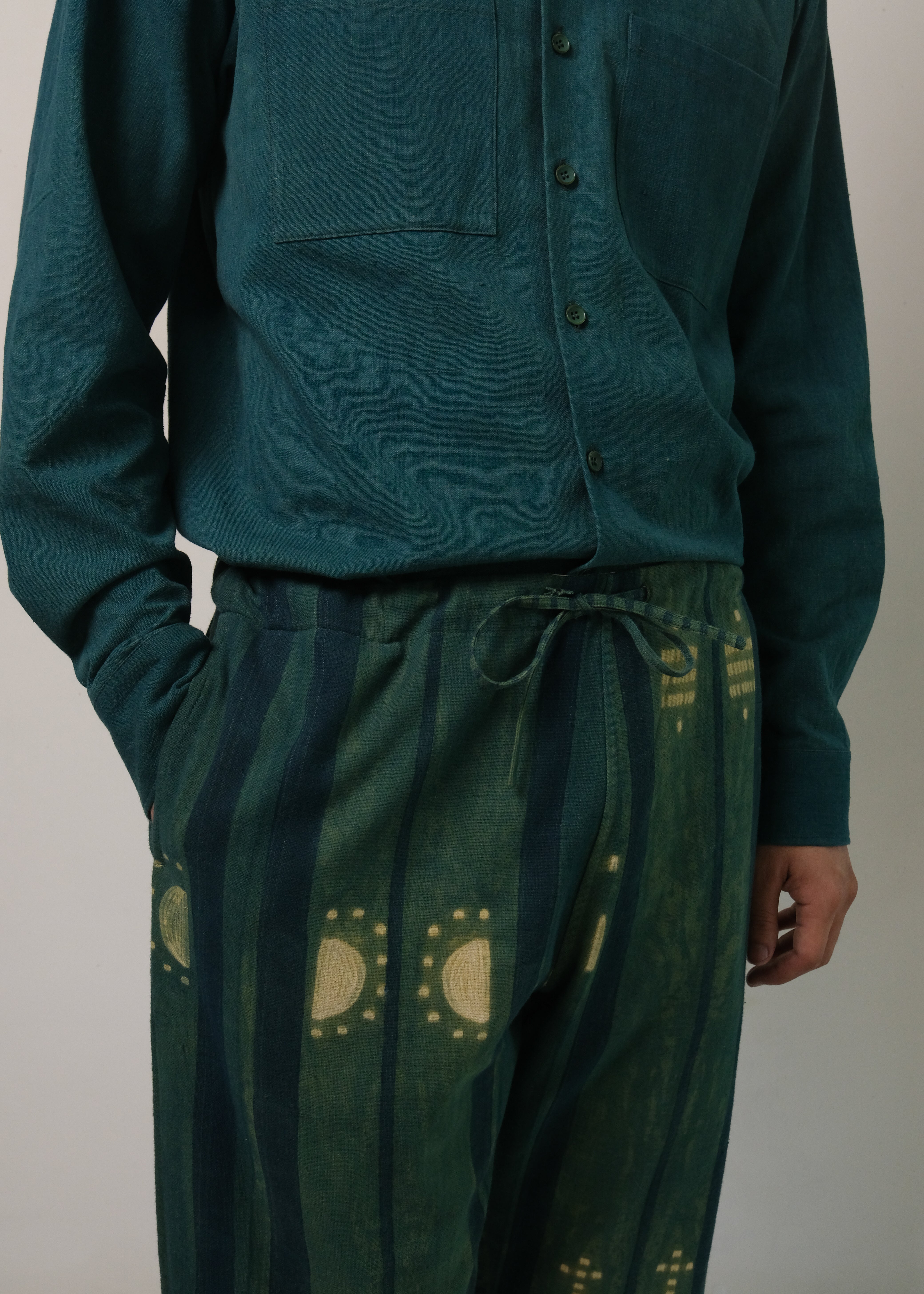 BOTTLE GREEN SHIBORI SOFT COTTON DRAWSTRING PANTS