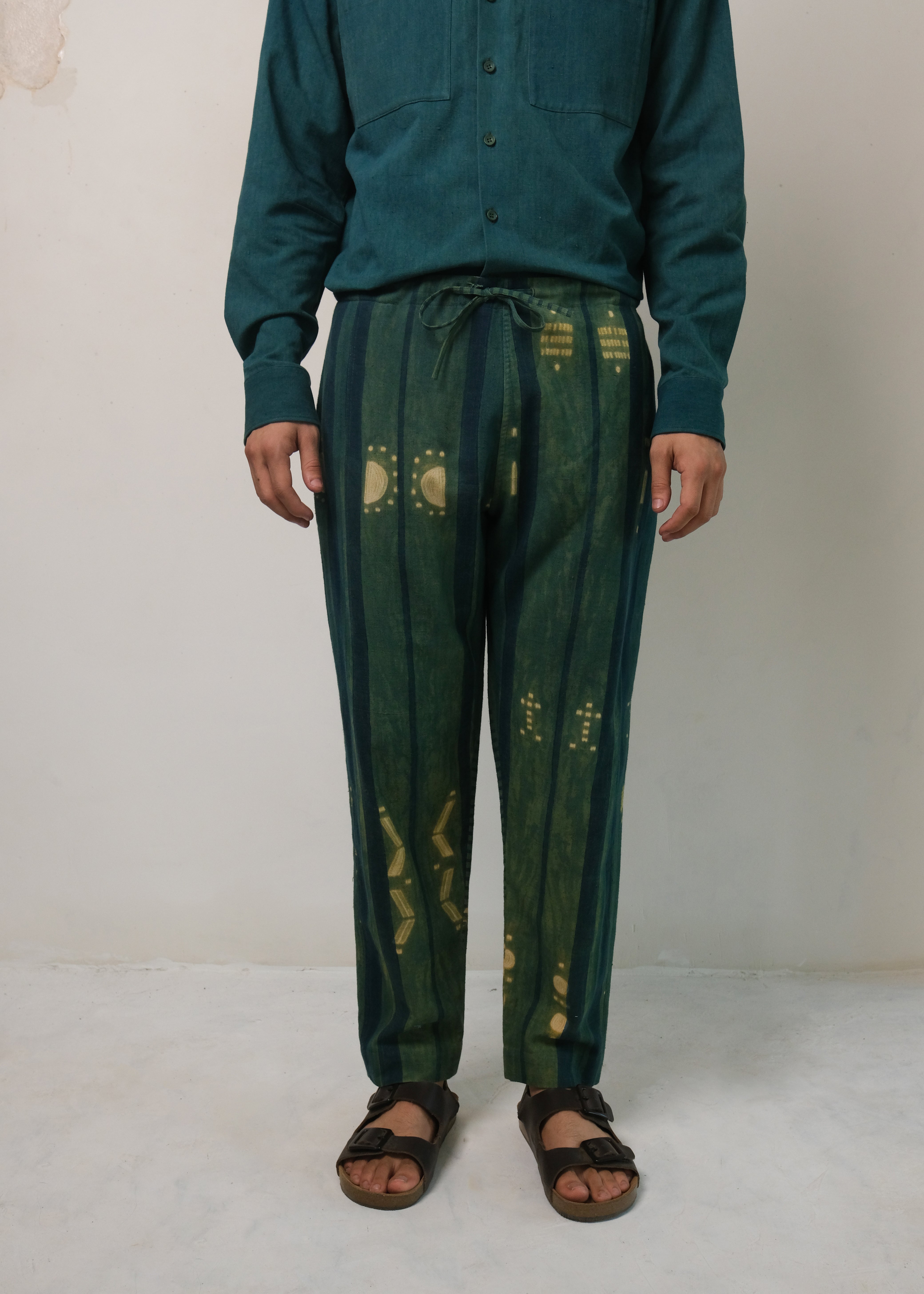 BOTTLE GREEN SHIBORI SOFT COTTON DRAWSTRING PANTS