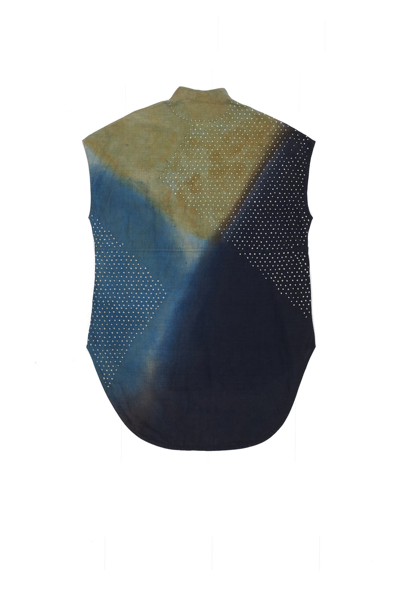 MIDNIGHT INDIGO COLOUR BLOCK CAP SLEEVED SHIRT FEATURING MINIATURE BANDHANI