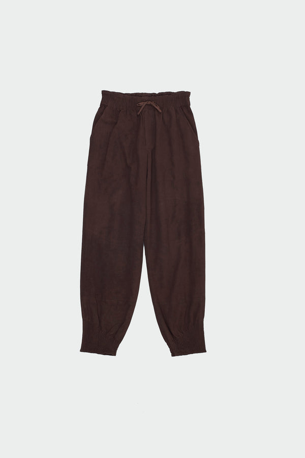 BURNT UMBER SOLID COTTON WOVEN TROUSERS