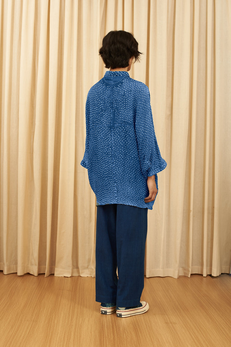 INDIGO ALL OVER BANDHANI SILK STATEMENT SHIRT