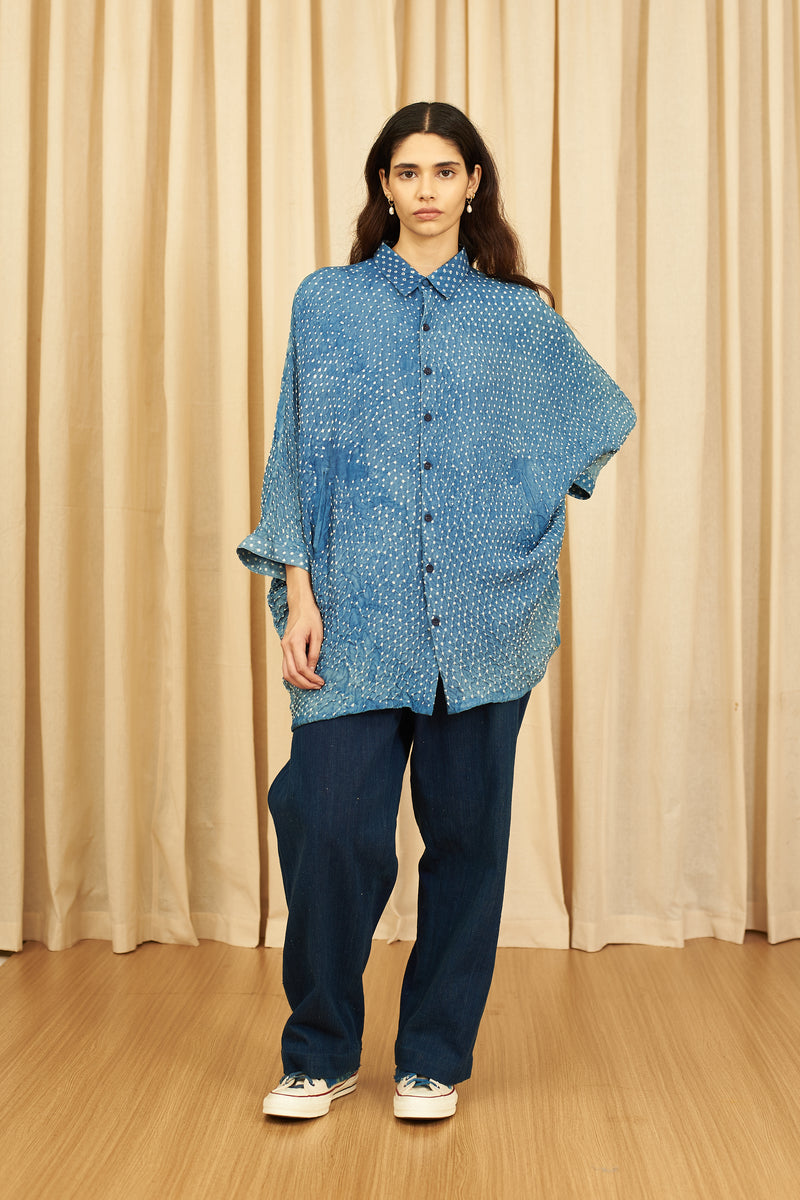 Indigo All Over Bandhani Silk Statement Shirt