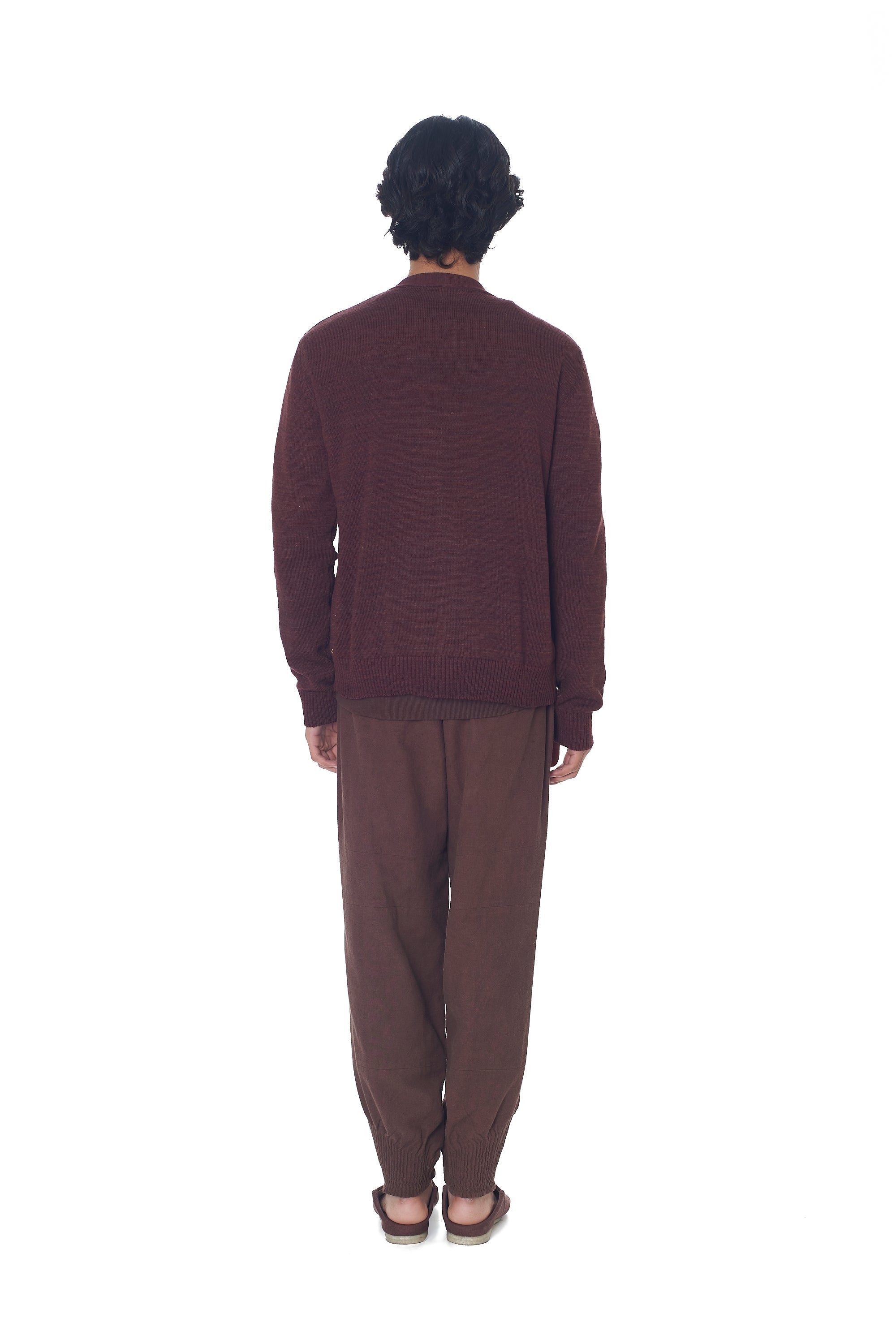 BURNT UMBER SOLID MERINO & PASHMINA (CASHMERE) WOOL CARDIGAN