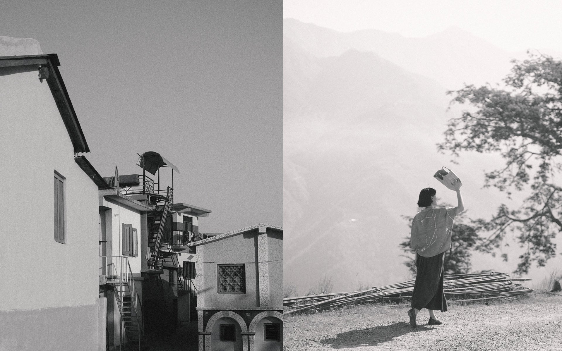 Two black and white photos side by side; one shows a building with a person on a ladder, the other shows a woman wearing black skirt and cotton shirt  holding an object outdoors.