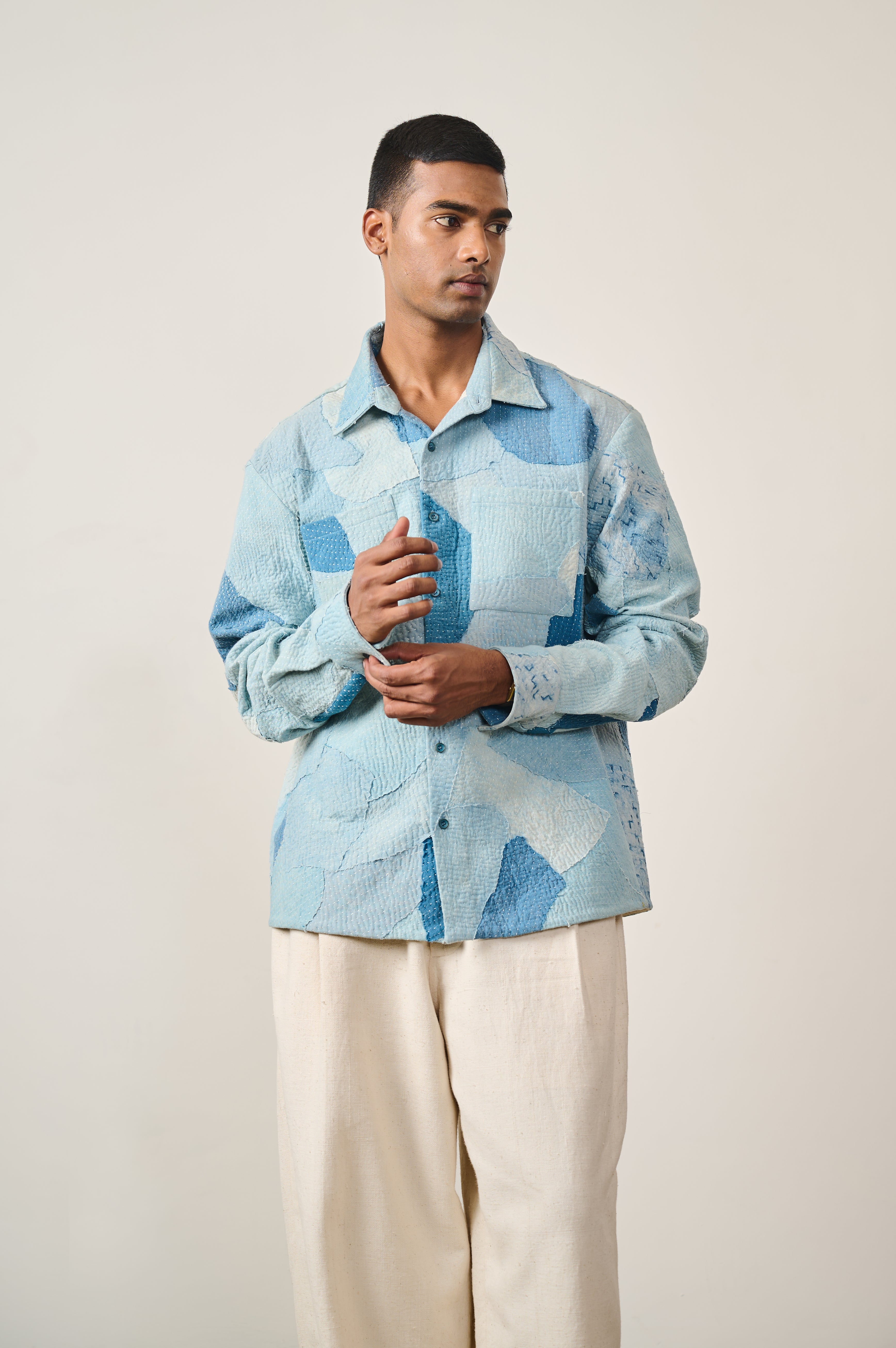 SKY INDIGO COTTON KANTHA PATCHWORK SHIRT