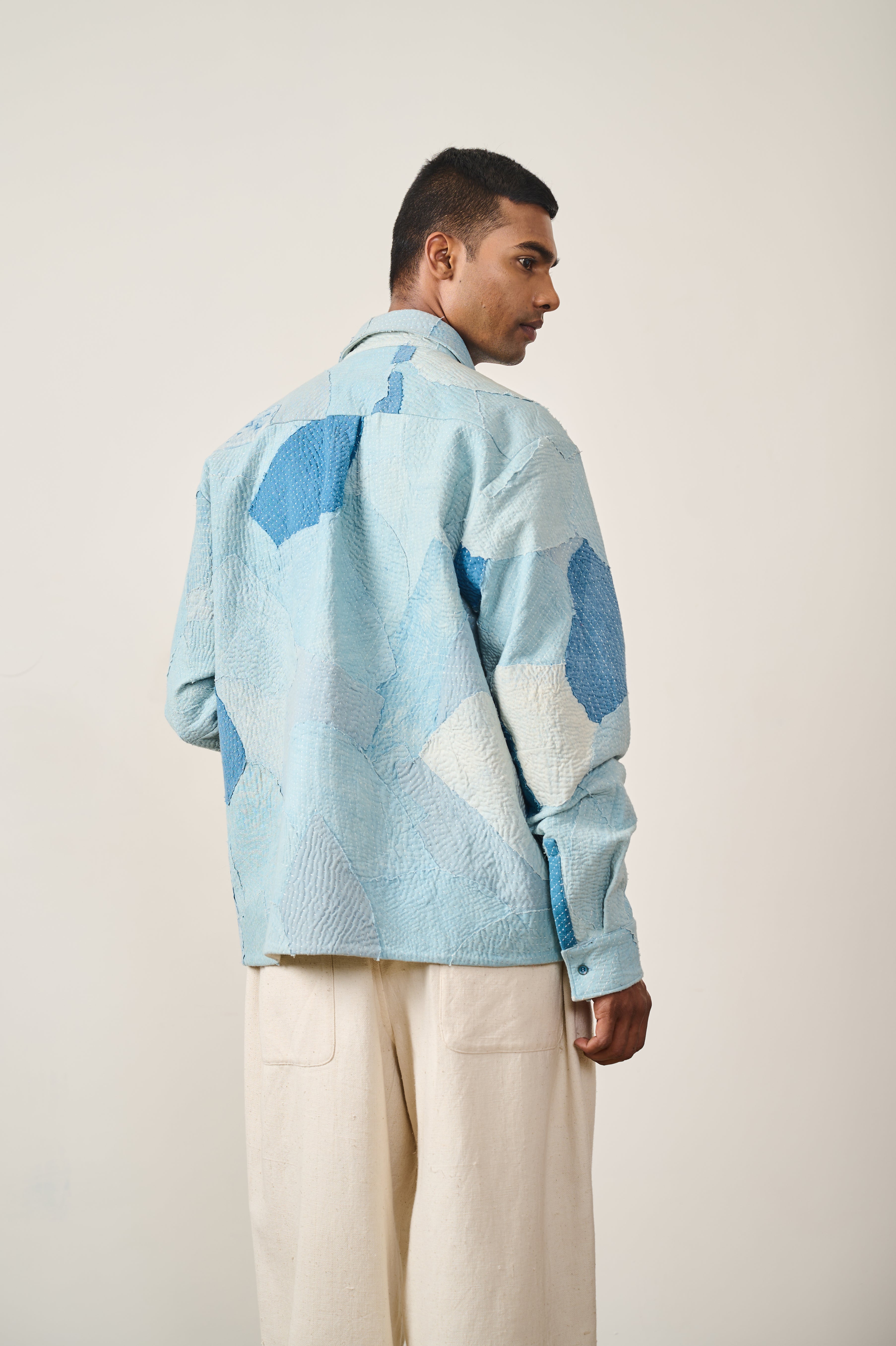 SKY INDIGO COTTON KANTHA PATCHWORK SHIRT