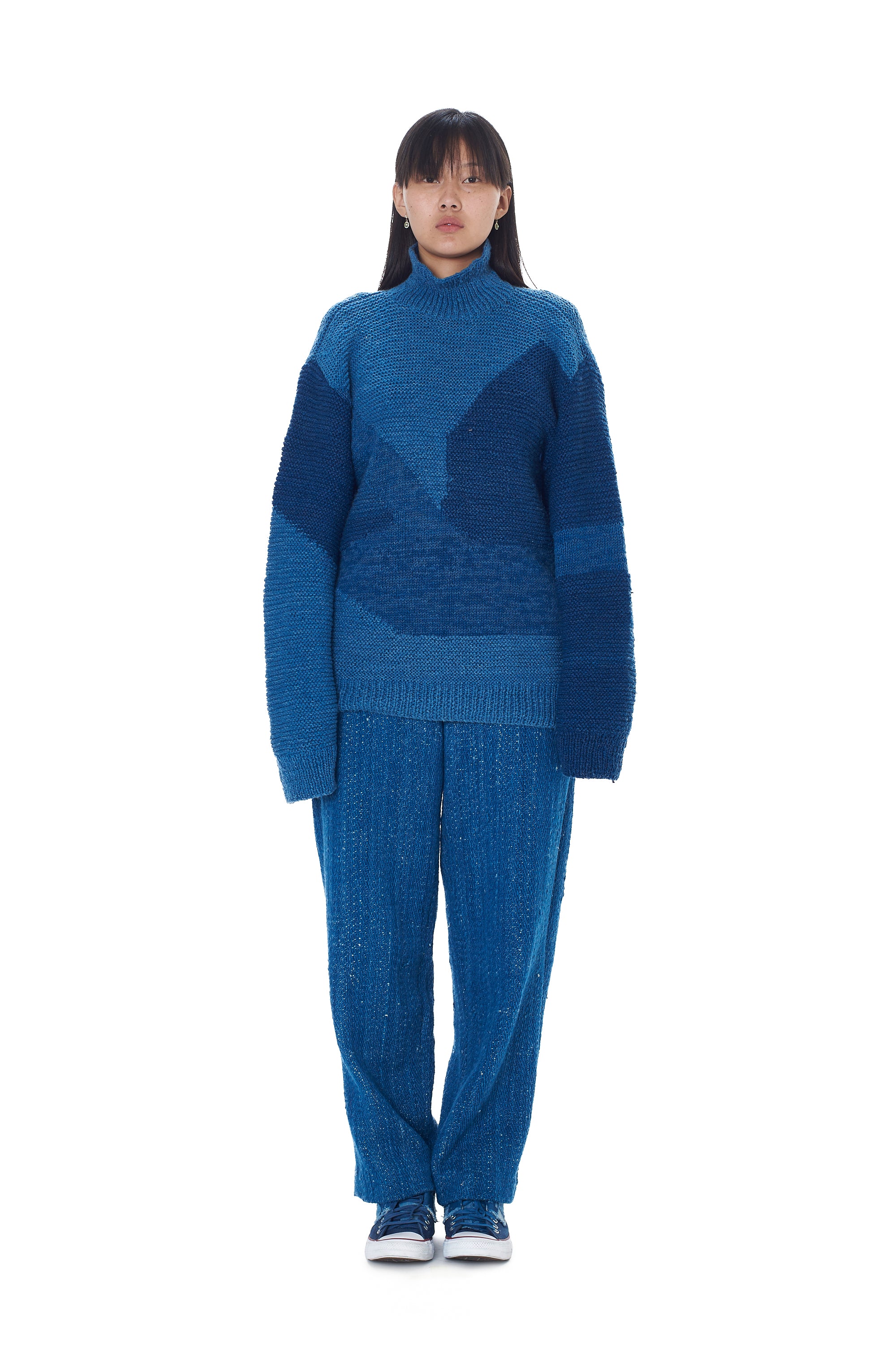 INDIGO OVERSIZED HAND KNIT TEXTURED PULLOVER