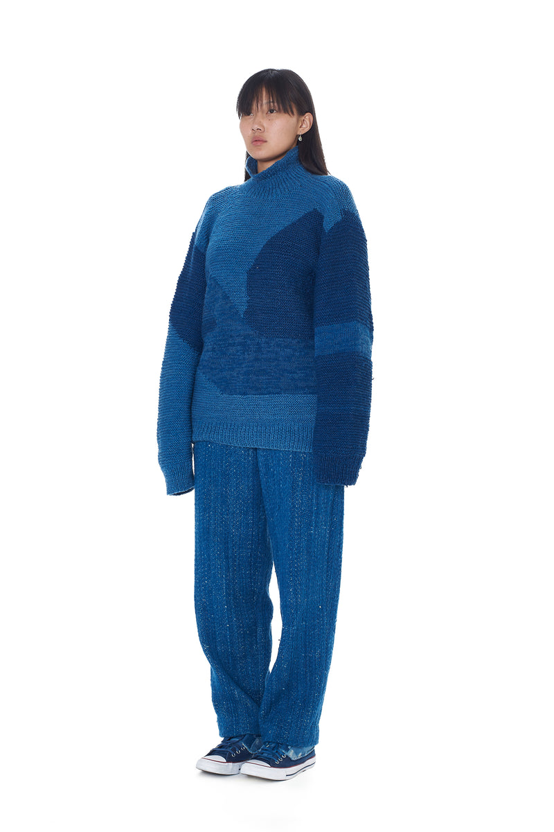 INDIGO OVERSIZED HAND KNIT TEXTURED PULLOVER