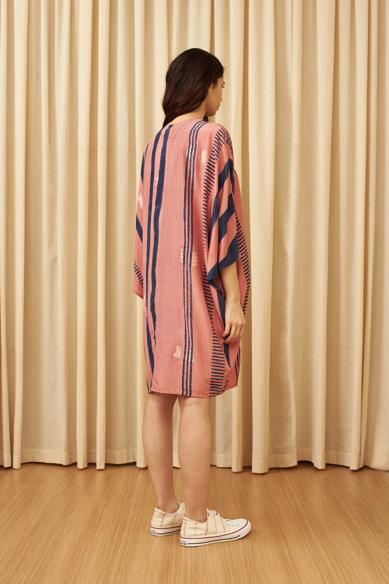 Chalk Pink Block Print & Shibori Relaxed Fit Silk Dress
