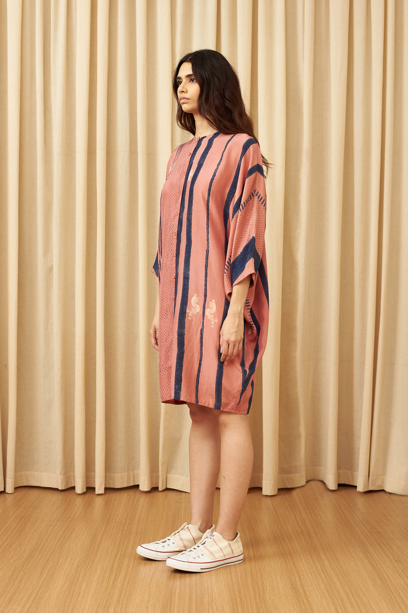 Chalk Pink Block Print & Shibori Relaxed Fit Silk Dress