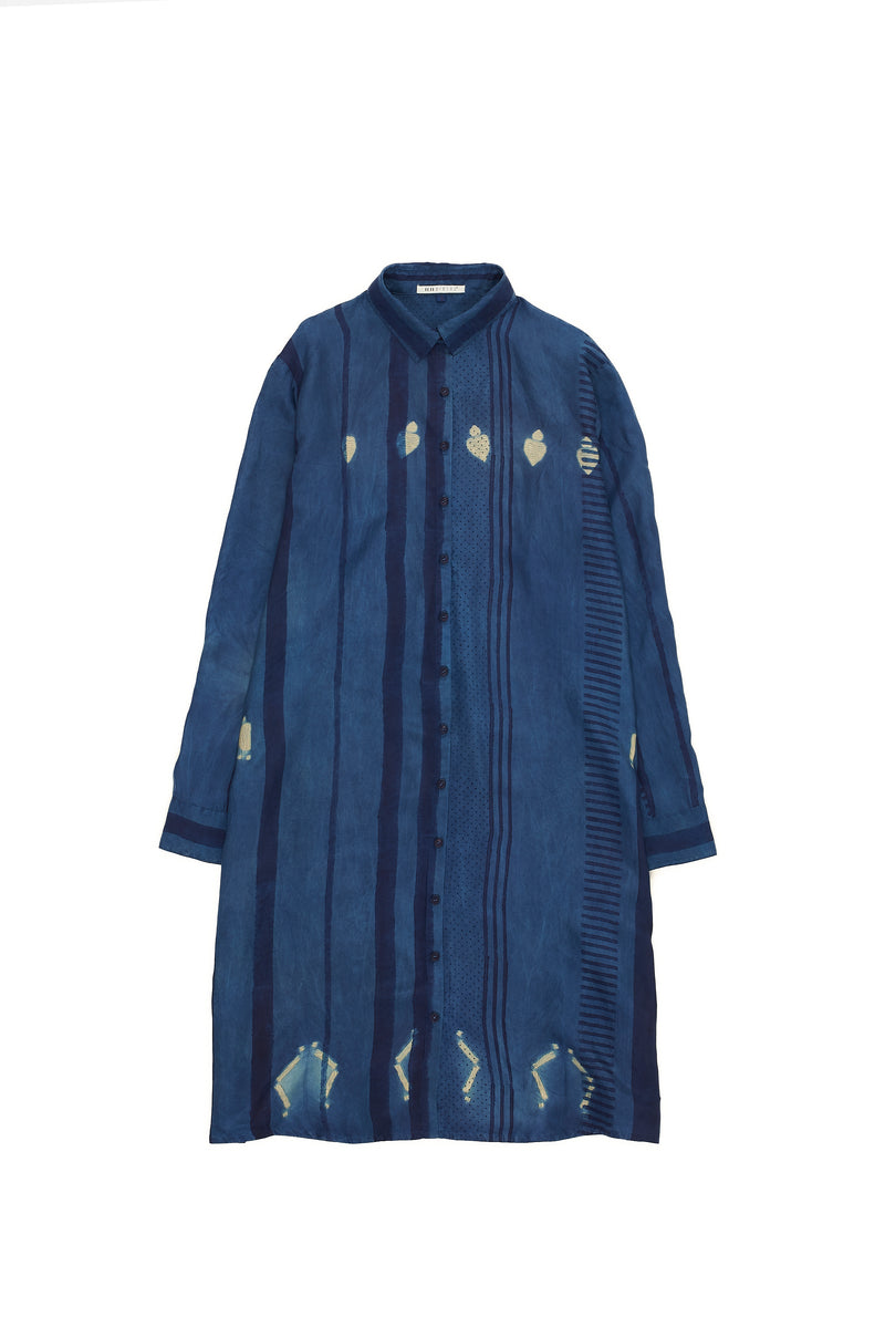 Indigo Block Print & Shibori Button Down Silk Dress