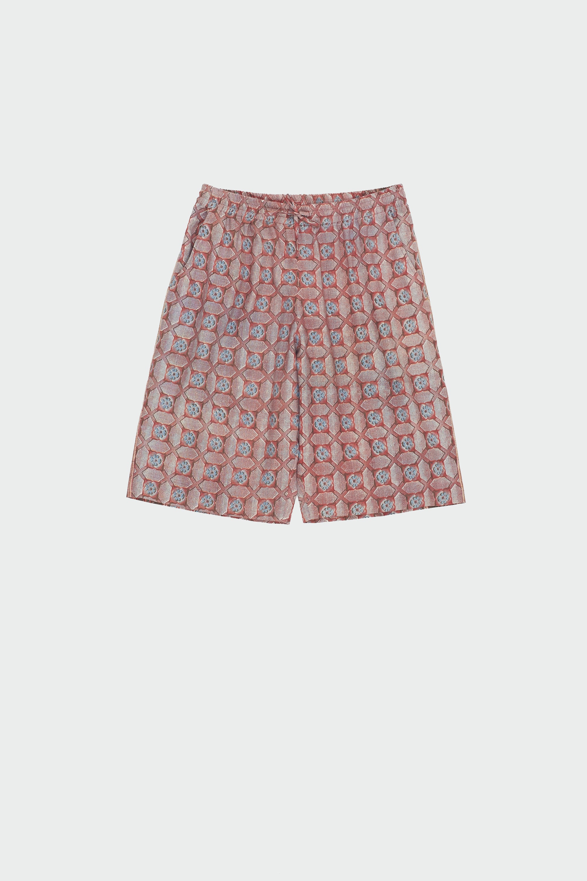 BRICK RED SCREEN PRINTED DRAWSTRING SHORTS