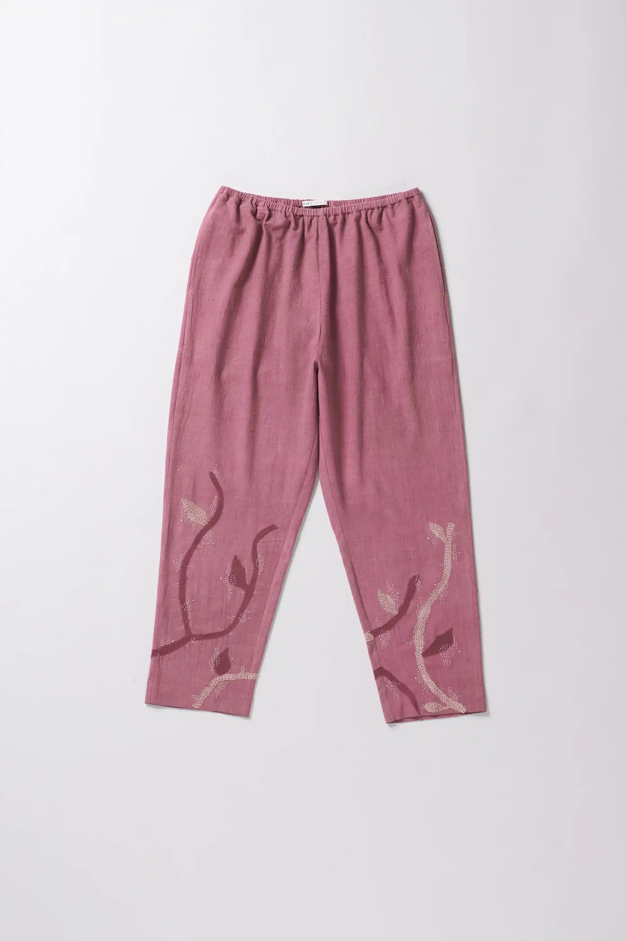 Front image of a cotton pant in fuchsia pink