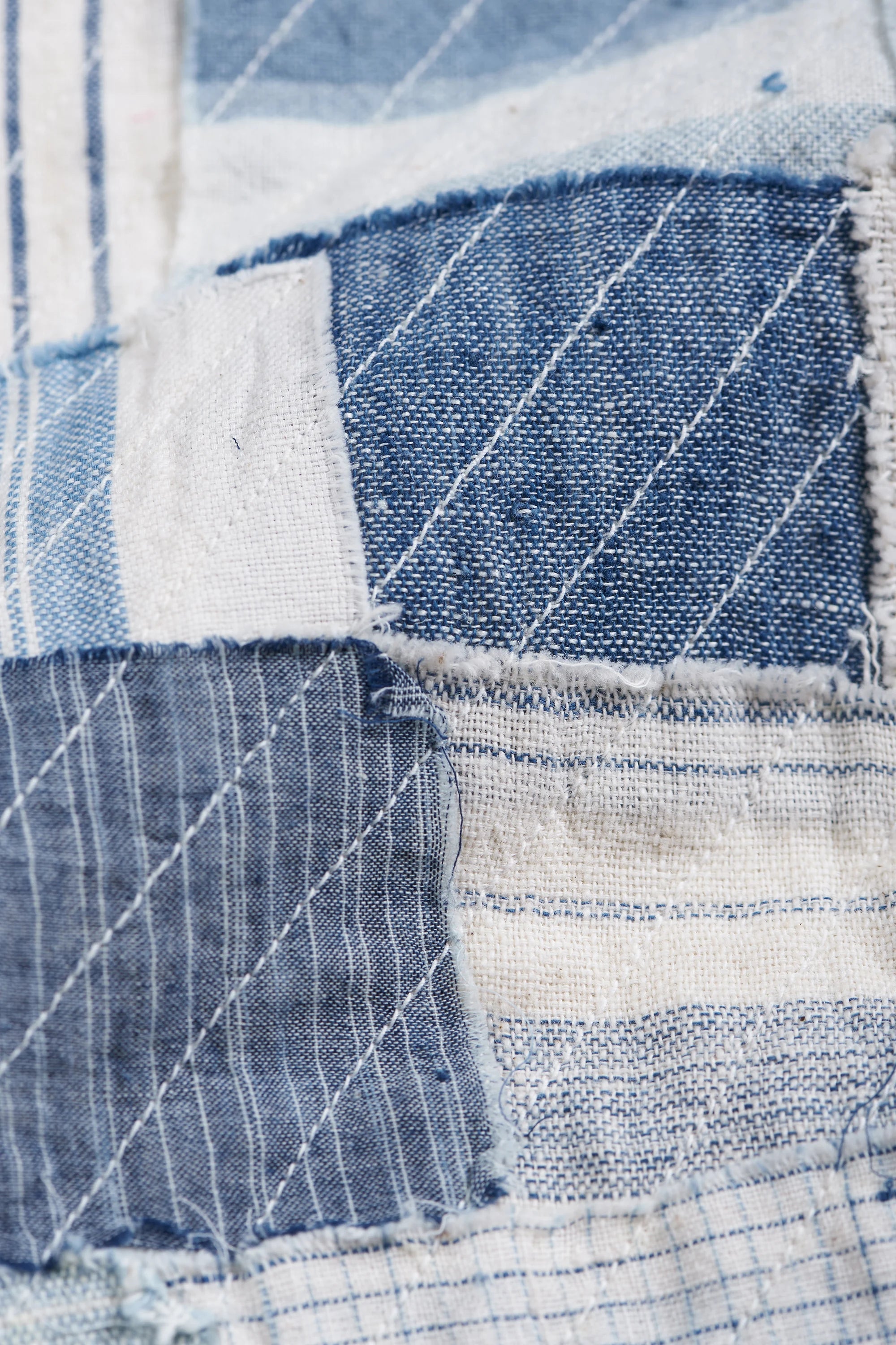 Close-up of patchwork fabric with blue and white patterns