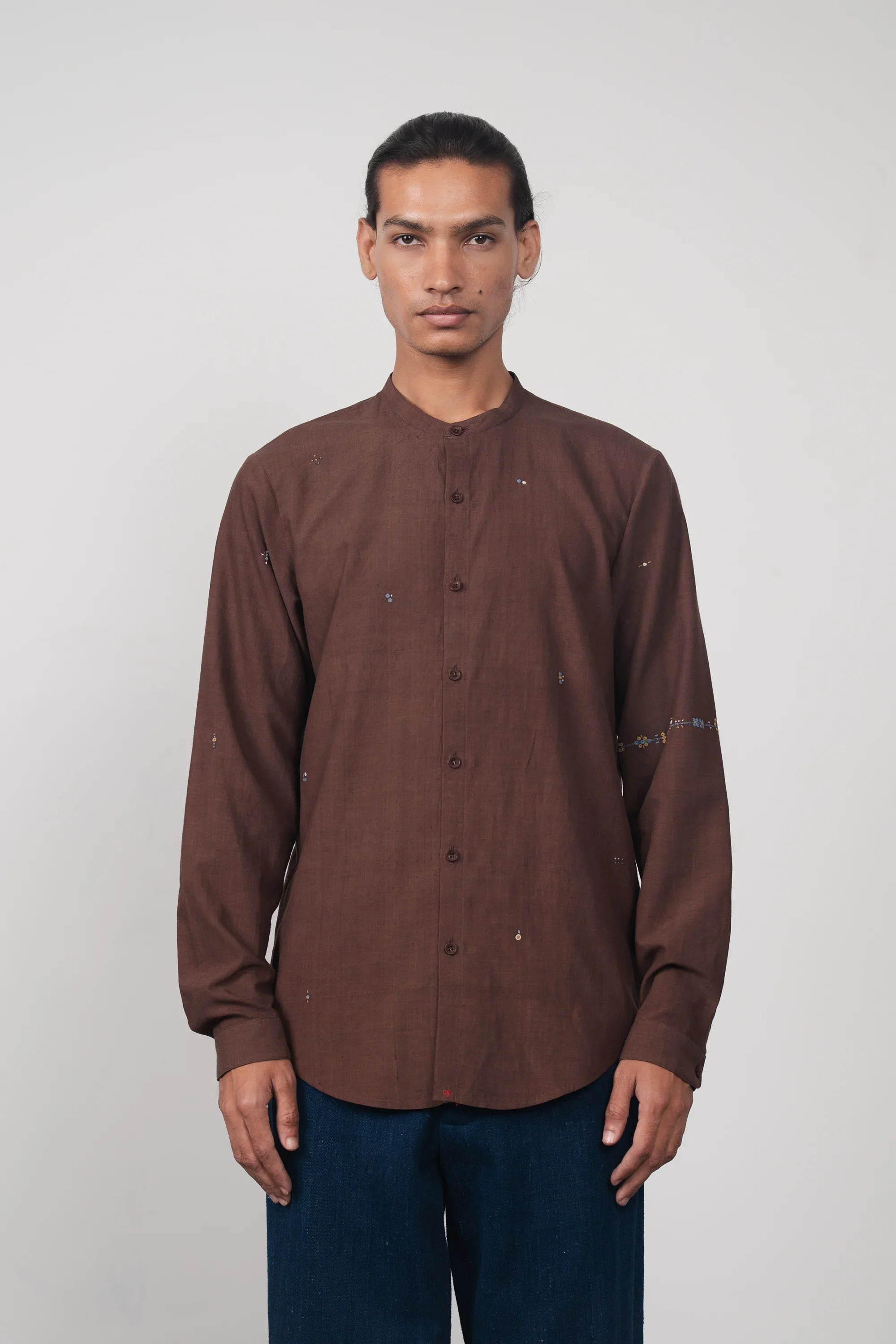 Burnt Umber Band Collar Embroidered Shirt