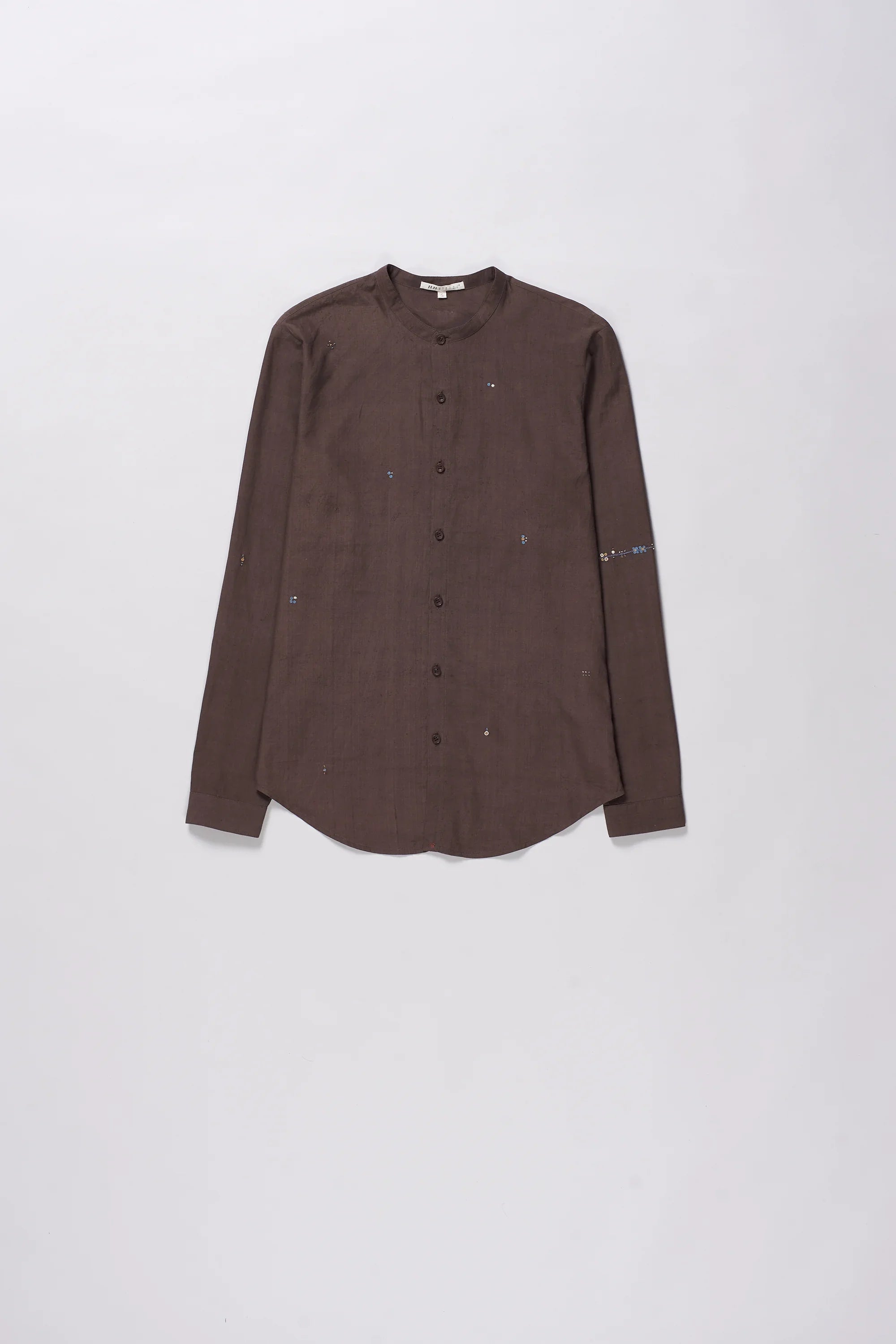 Burnt Umber Band Collar Embroidered Shirt