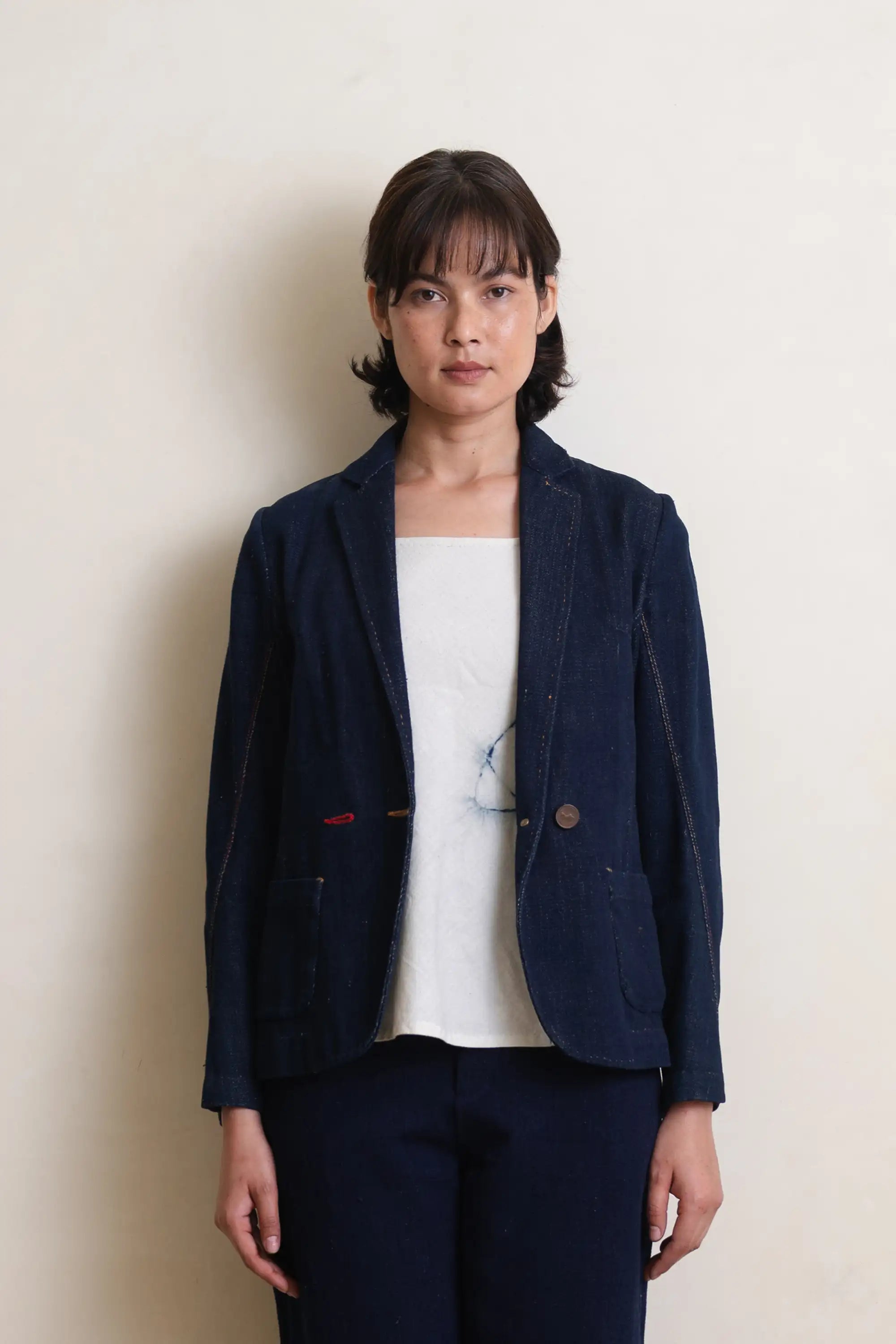 A woman wearing cotton indigo jacket