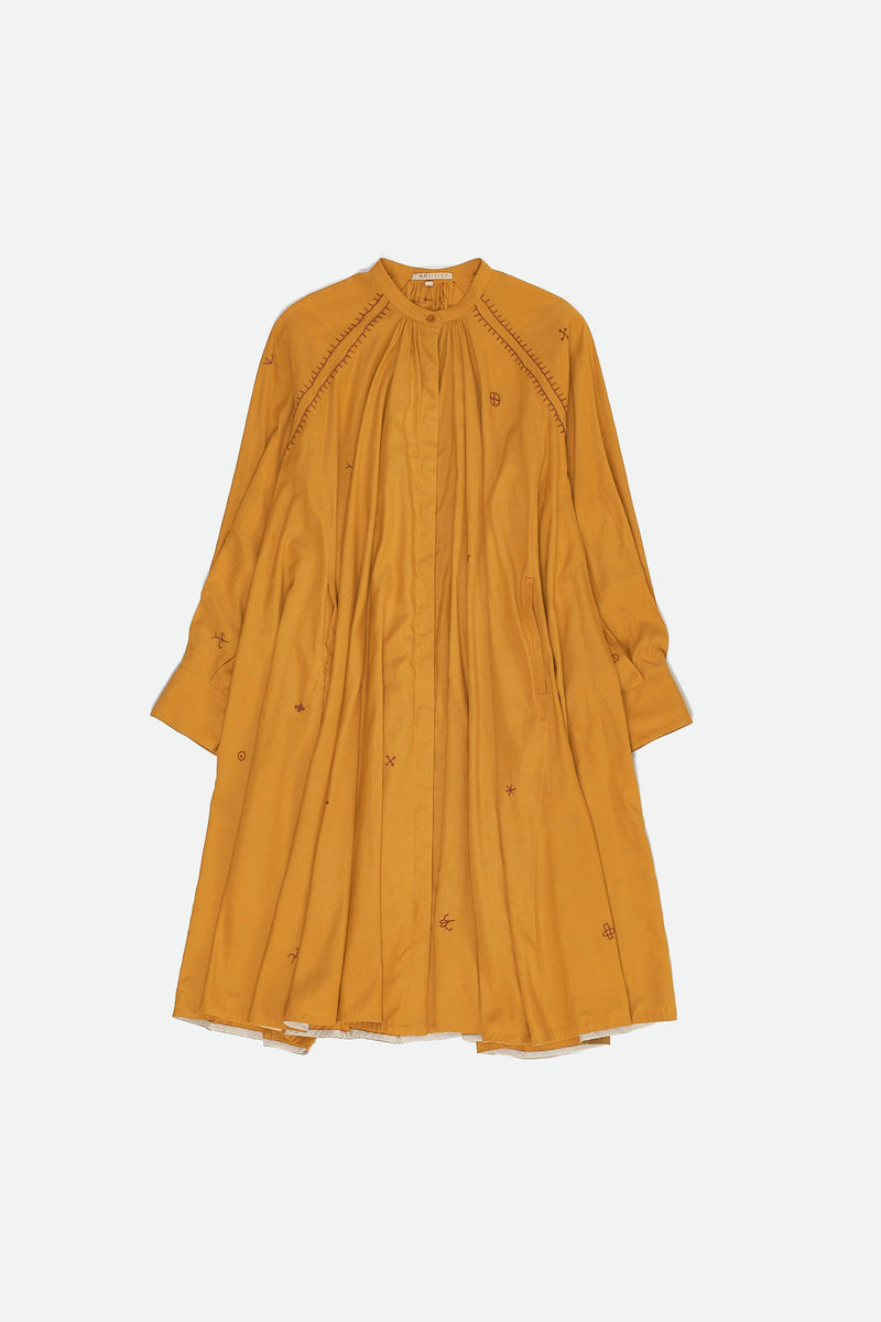 MUSTARD YELLOW EMBROIDERED COTTON SILK DRESS