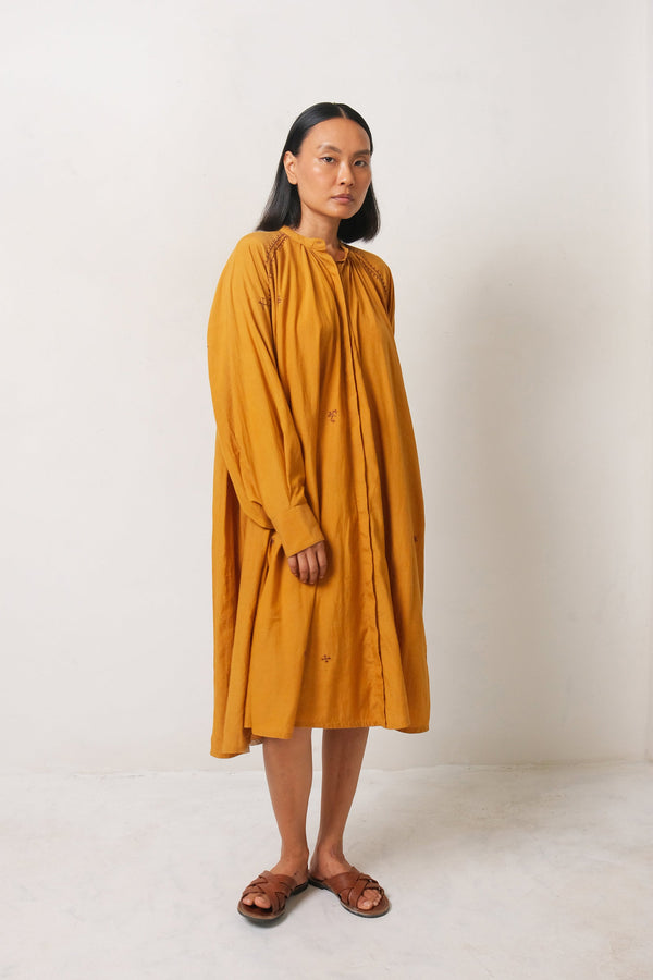 MUSTARD YELLOW EMBROIDERED COTTON SILK DRESS