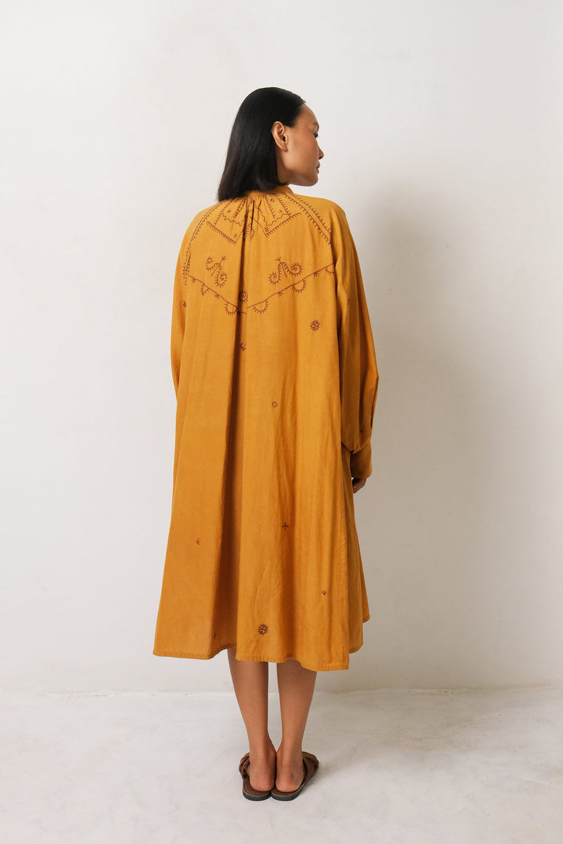 MUSTARD YELLOW EMBROIDERED COTTON SILK DRESS