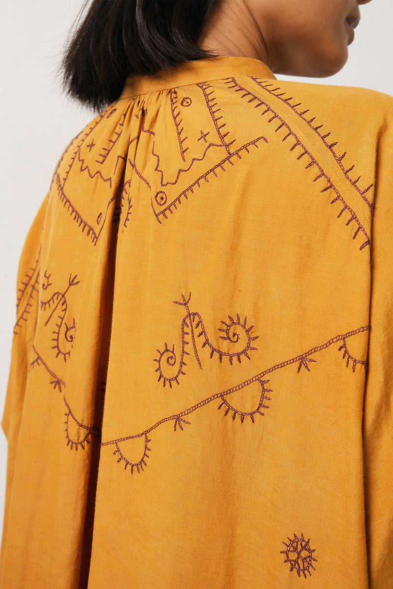 MUSTARD YELLOW EMBROIDERED COTTON SILK DRESS