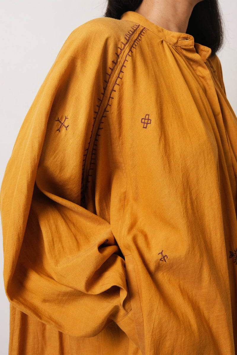 MUSTARD YELLOW EMBROIDERED COTTON SILK DRESS