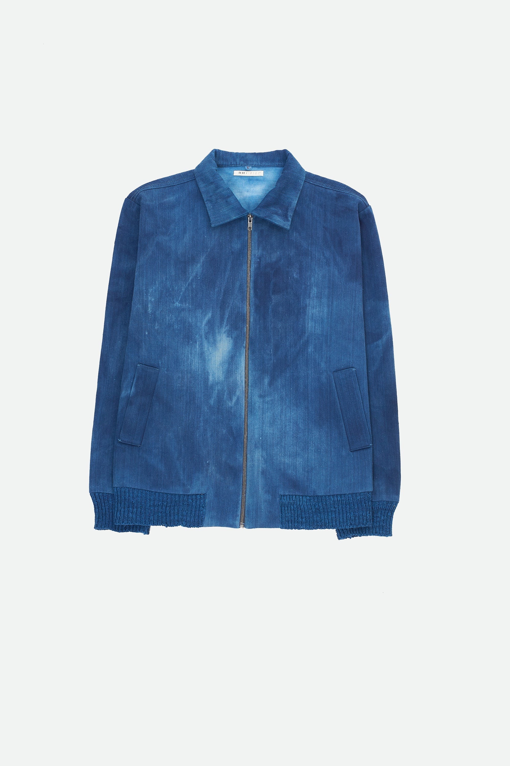 INDIGO WASHED HANDWOVEN DENIM BOMBER JACKET DEOXIDISED IN A NATURAL SOLUTION