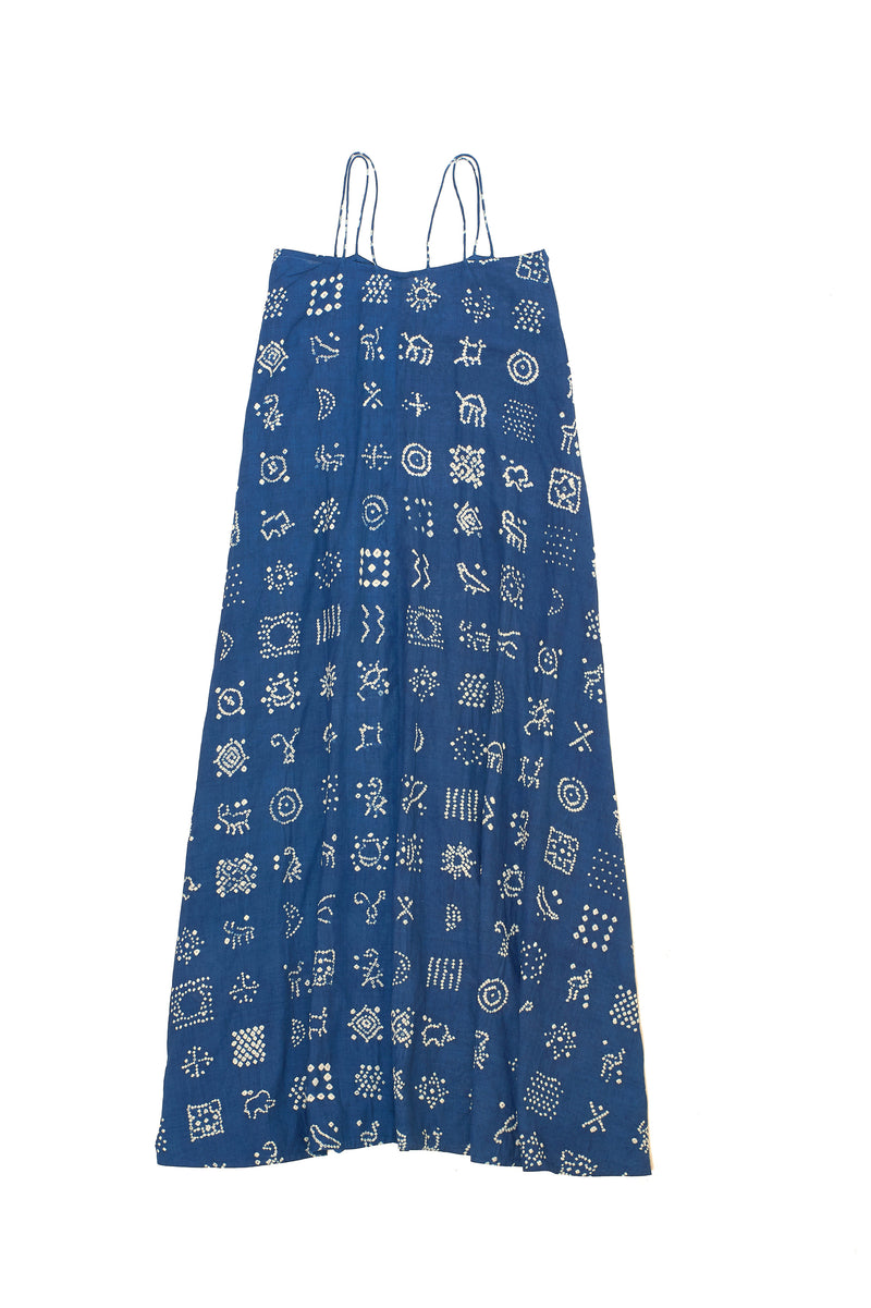 INDIGO COTTON STRAPPY DRESS CRAFTED WITH ALL-OVER BANDHANI MOTIFS