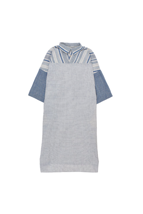 INDIGO ORGANIC COTTON YARN DYED PATCHWORK SCULPTED DRESS