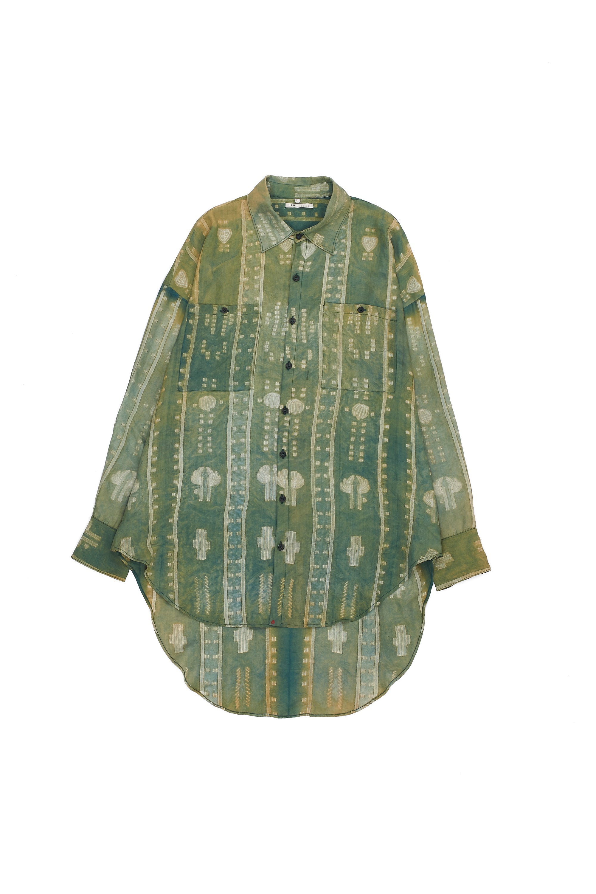 BOTTLE GREEN SHIBORI BLOCK PRINT KNEE LENGTH FINE SILK WOMEN'S SHIRT