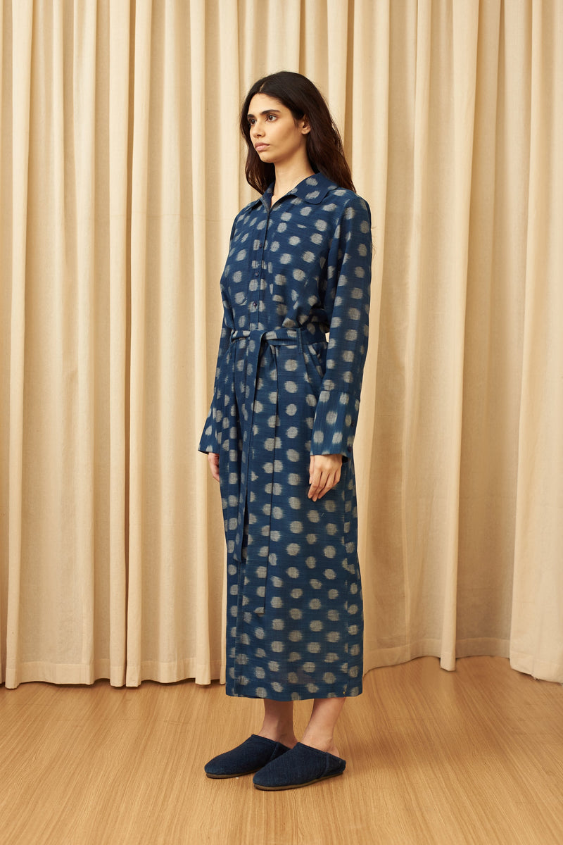 INDIGO WEFT IKAT COTTON STATEMENT SHIRT DRESS