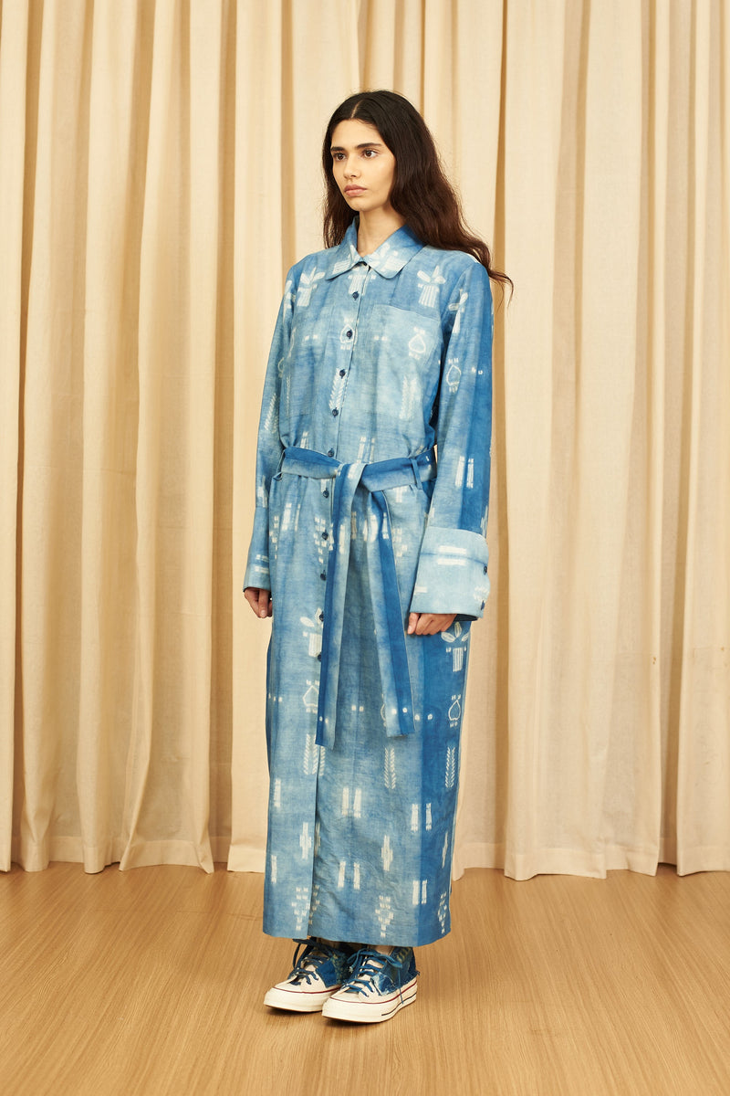 INDIGO ALL OVER SHIBORI STATEMENT SILK DRESS