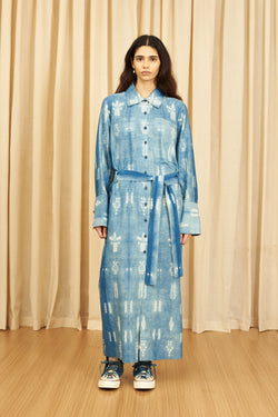 INDIGO ALL OVER SHIBORI STATEMENT SILK DRESS