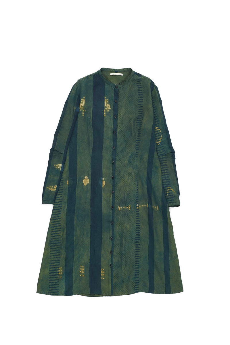 BOTTLE GREEN BLOCK PRINT & SHIBORI SOFT SILK DRESS