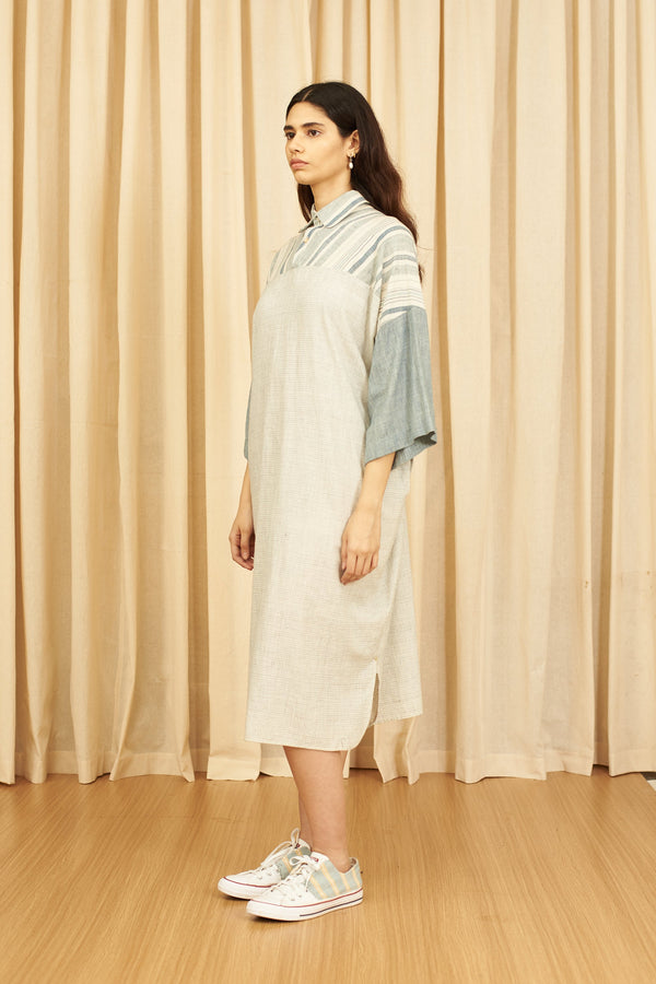 Indigo Organic Cotton Yarn Dyed Patchwork Sculpted Dress