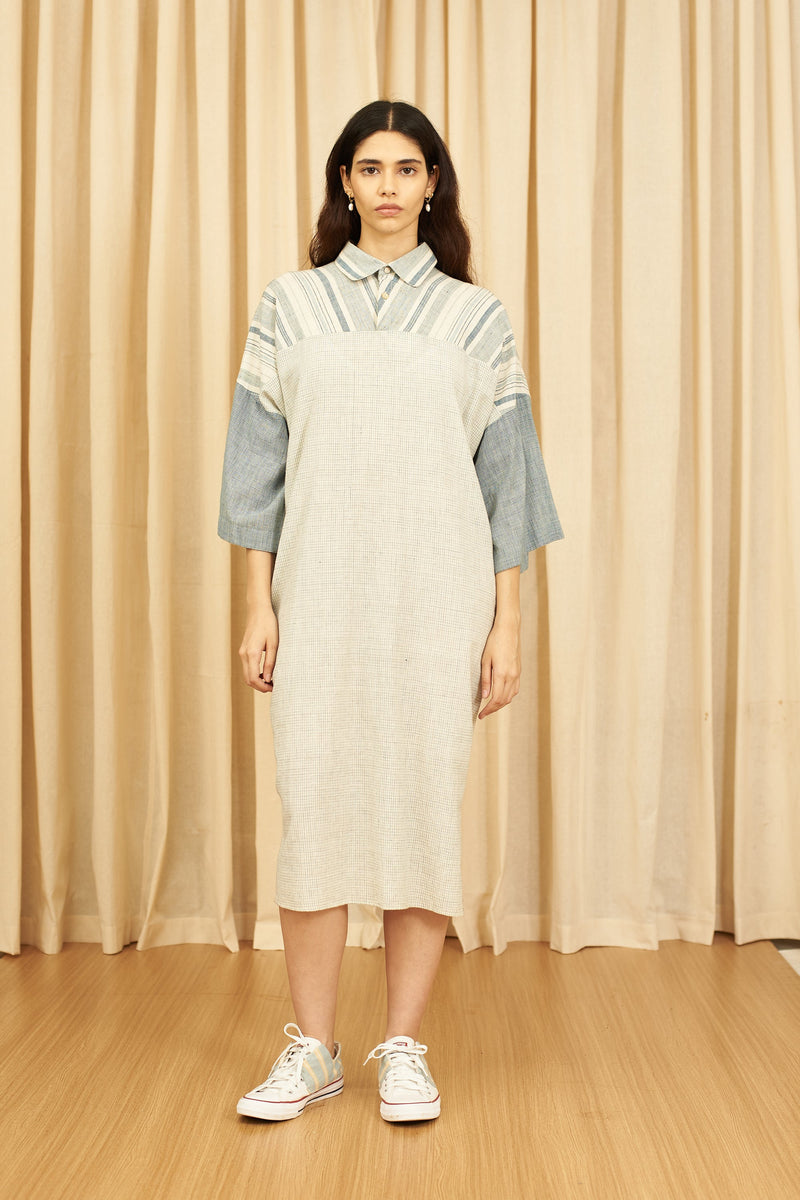 INDIGO ORGANIC COTTON YARN DYED PATCHWORK SCULPTED DRESS