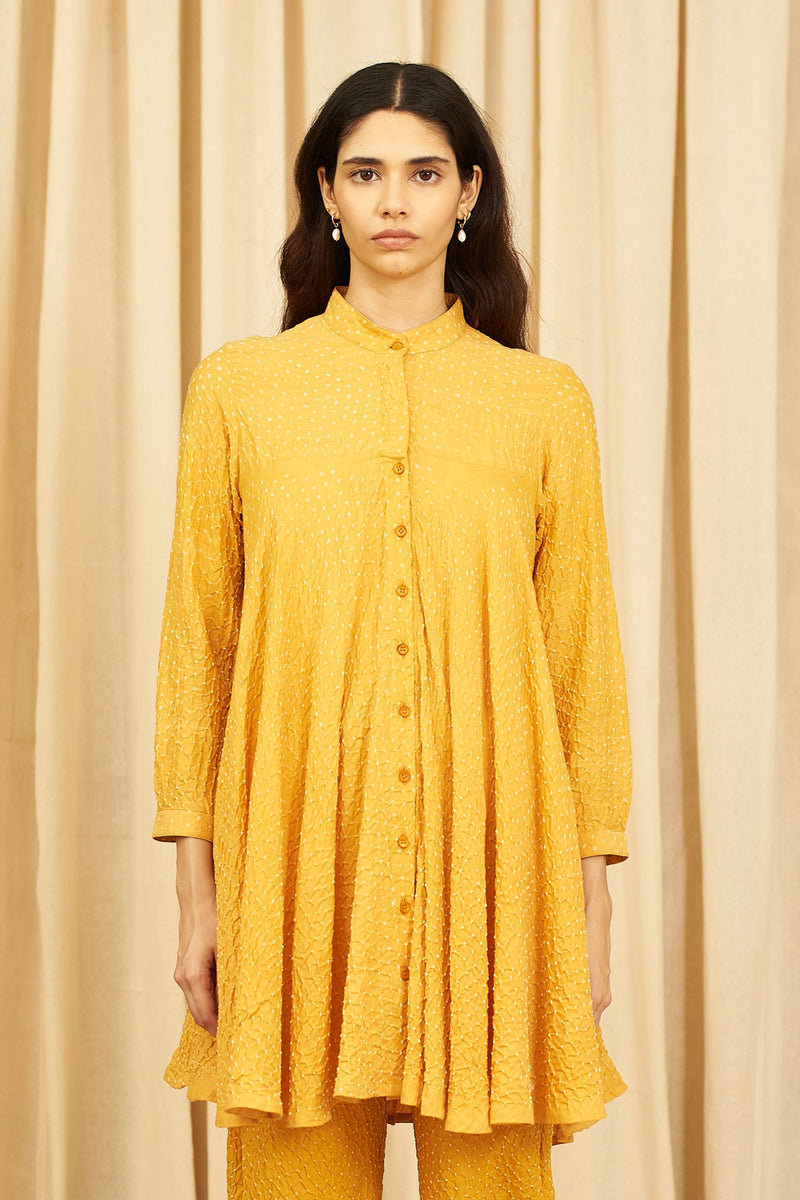 MANGO YELLOW ALL OVER BANDHANI FLARED SHIRT