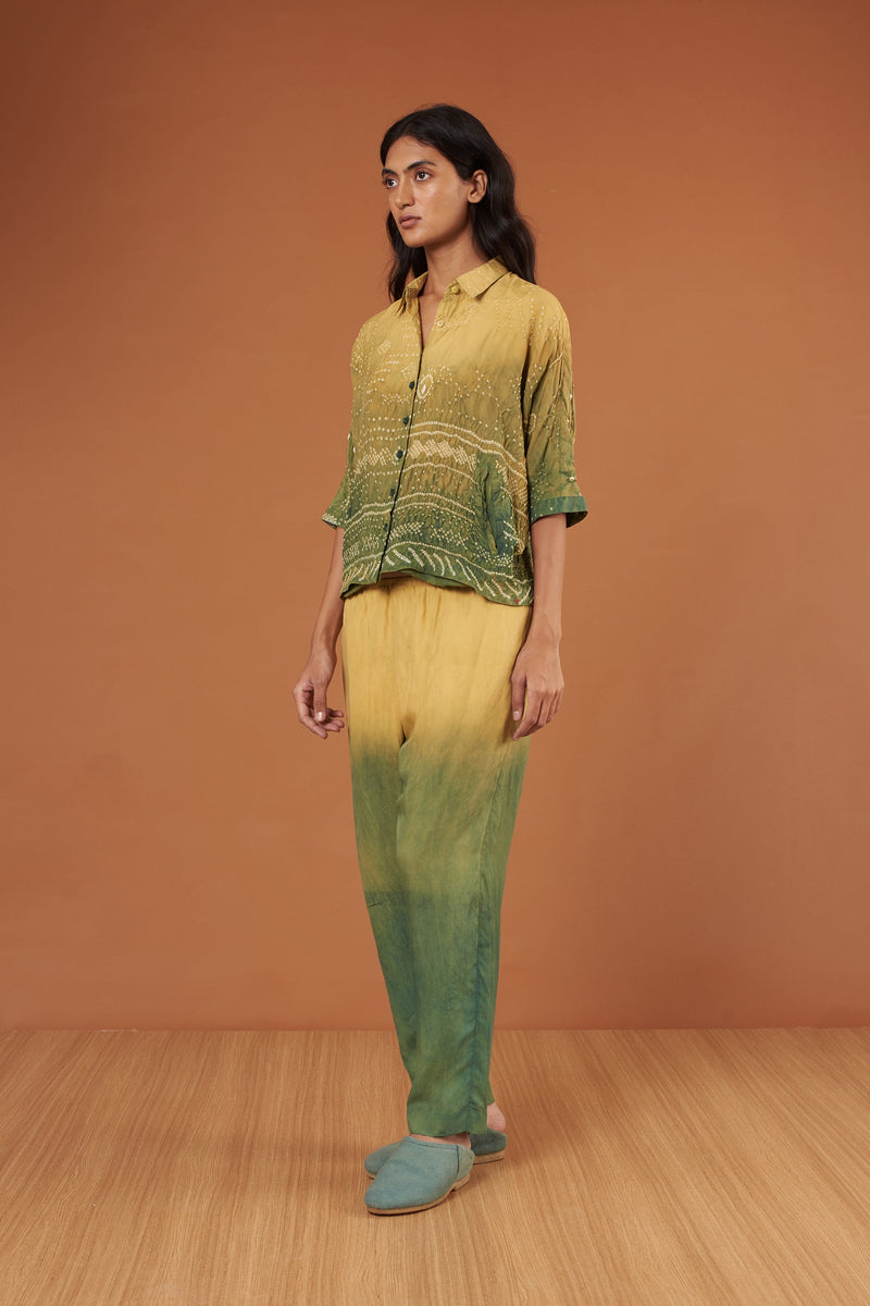 Gradient Green Fine Silk Statement Pants