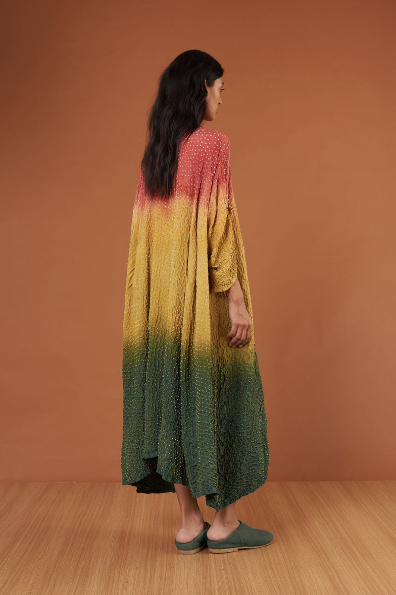 Multi Colour Bandhani Flared Silk Dress