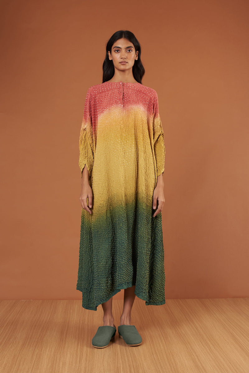 Multi Colour Bandhani Flared Silk Dress